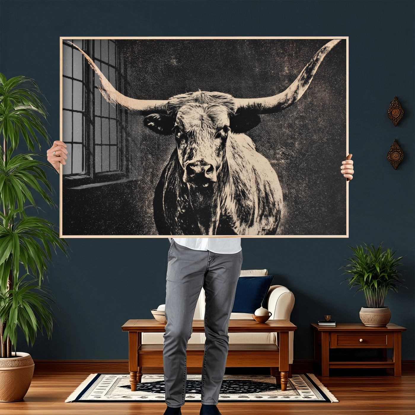27394218-MGV-CV-36X24 - Vintage Texas Longhorn Bull Wall Art Canvas Print, Cow Portrait Photography Print, Framed Wall Art Ready to Hang