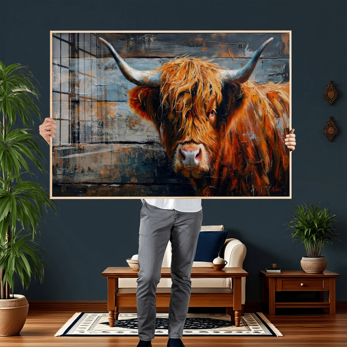 90271423-MGV-CV-36X24 - Highland Cow Wall Art Canvas Print, Abstract Rustic Farm Animal Wall Art Print, Framed Wall Art Ready to Hang