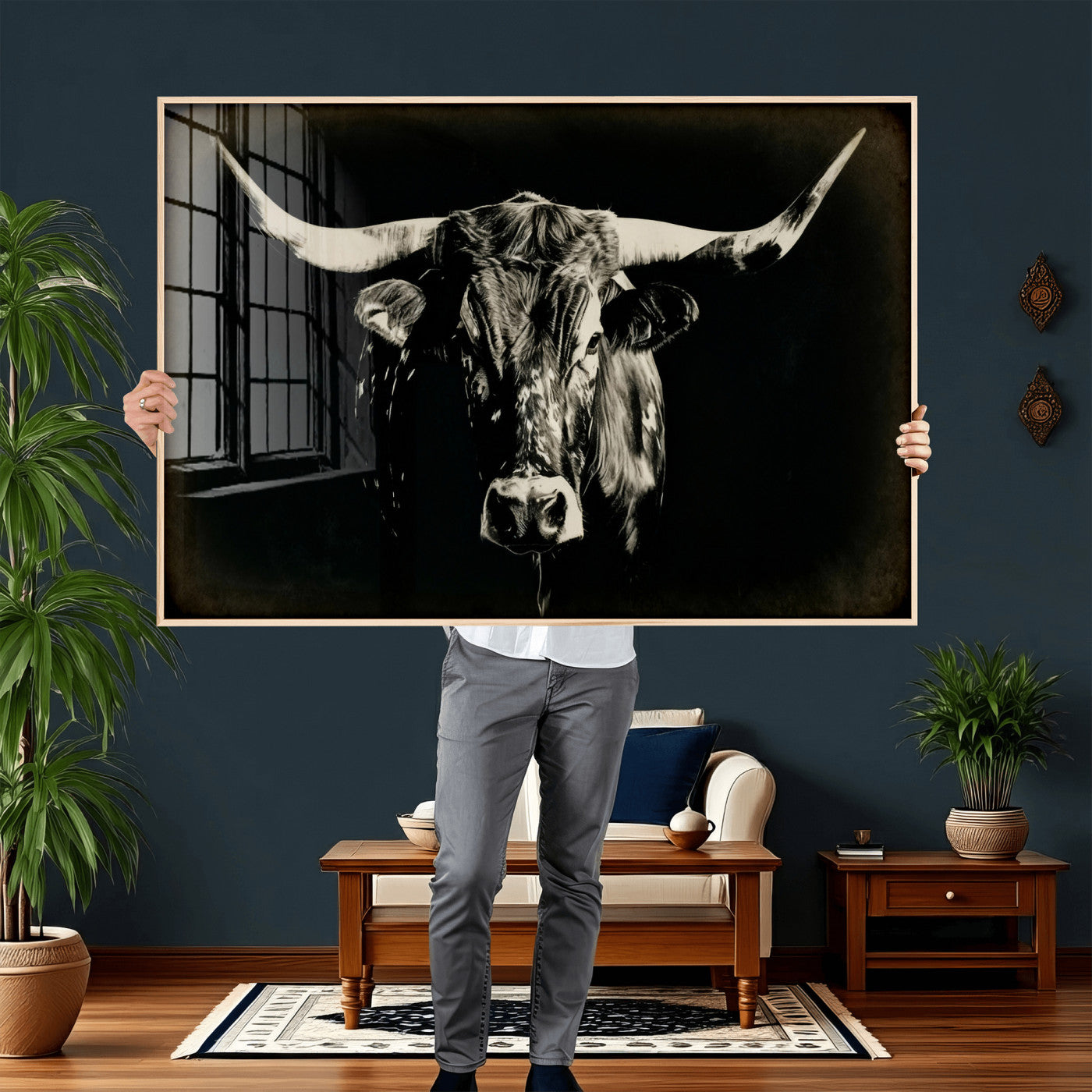 91364114-MGV-CV-36X24 - Black Bull Wall Art Canvas Print, Texas Longhorn Portrait Print, Framed Wall Art Ready to Hang