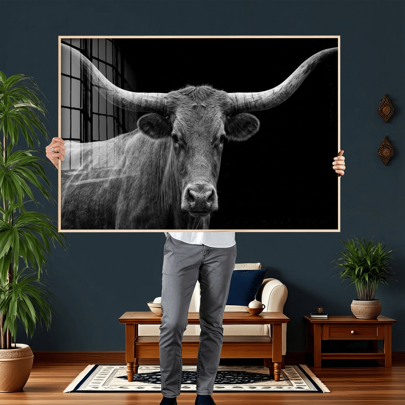 32601430-MGV-CV-36X24 - Texas Longhorn Bull Wall Art Canvas Print, Cow Portrait Photography, Framed Wall Art Ready to Hang