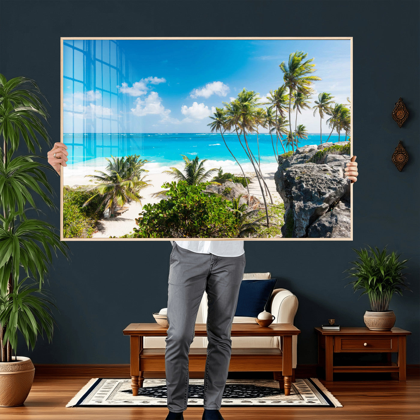 79995168-MGV-CV-36X24 - Barbados Beach Wall Art Canvas Print, Palm Tree Ocean Landscape, Turquoise Sea Coastal Photography, Tropical Island Wall Decor, Framed Ready to Hang