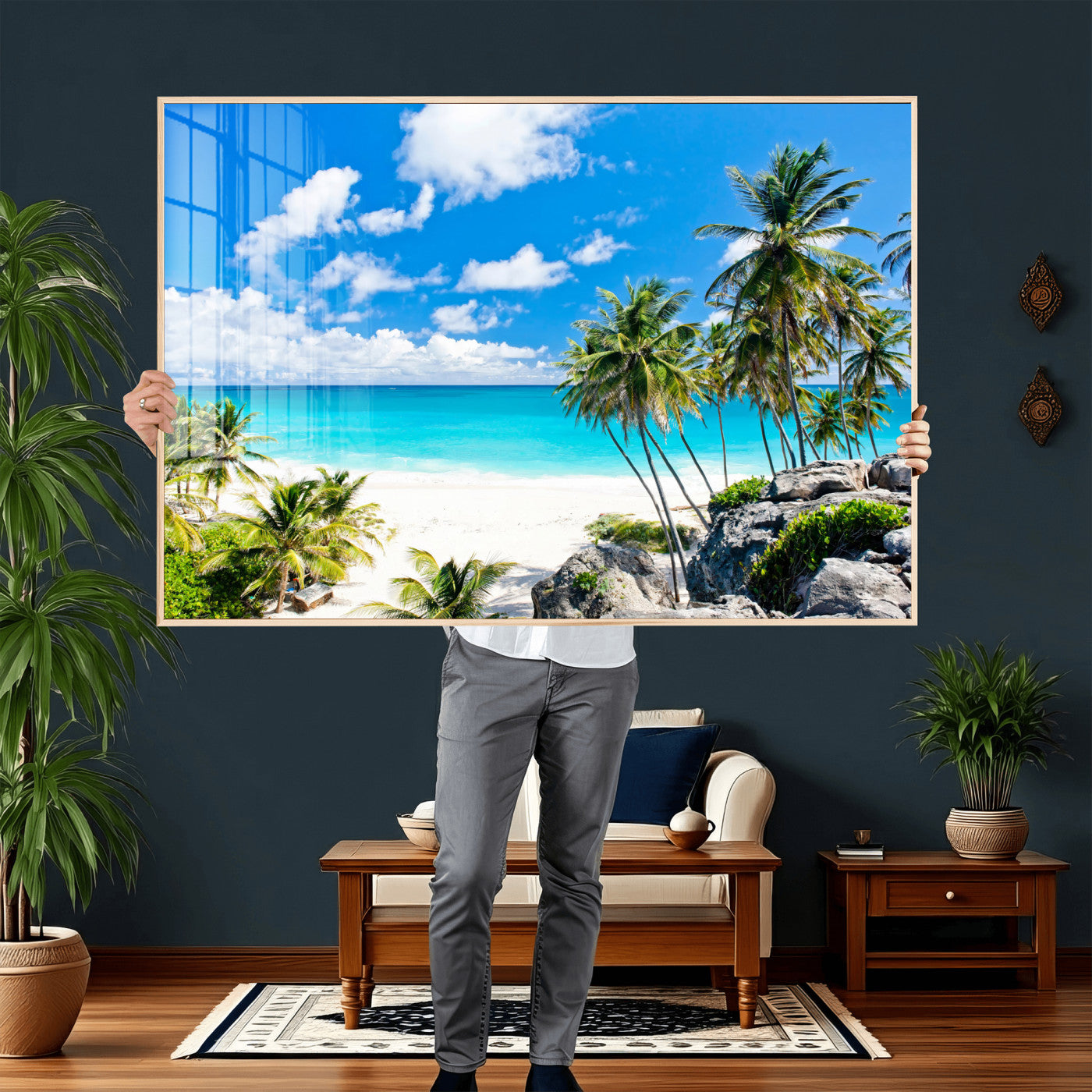 29232878-MGV-CV-36X24 - Barbados Beach Wall Art Canvas Print, Palm Tree Ocean Landscape, Turquoise Sea Coastal Photography, Tropical Island Wall Decor, Framed Ready to Hang