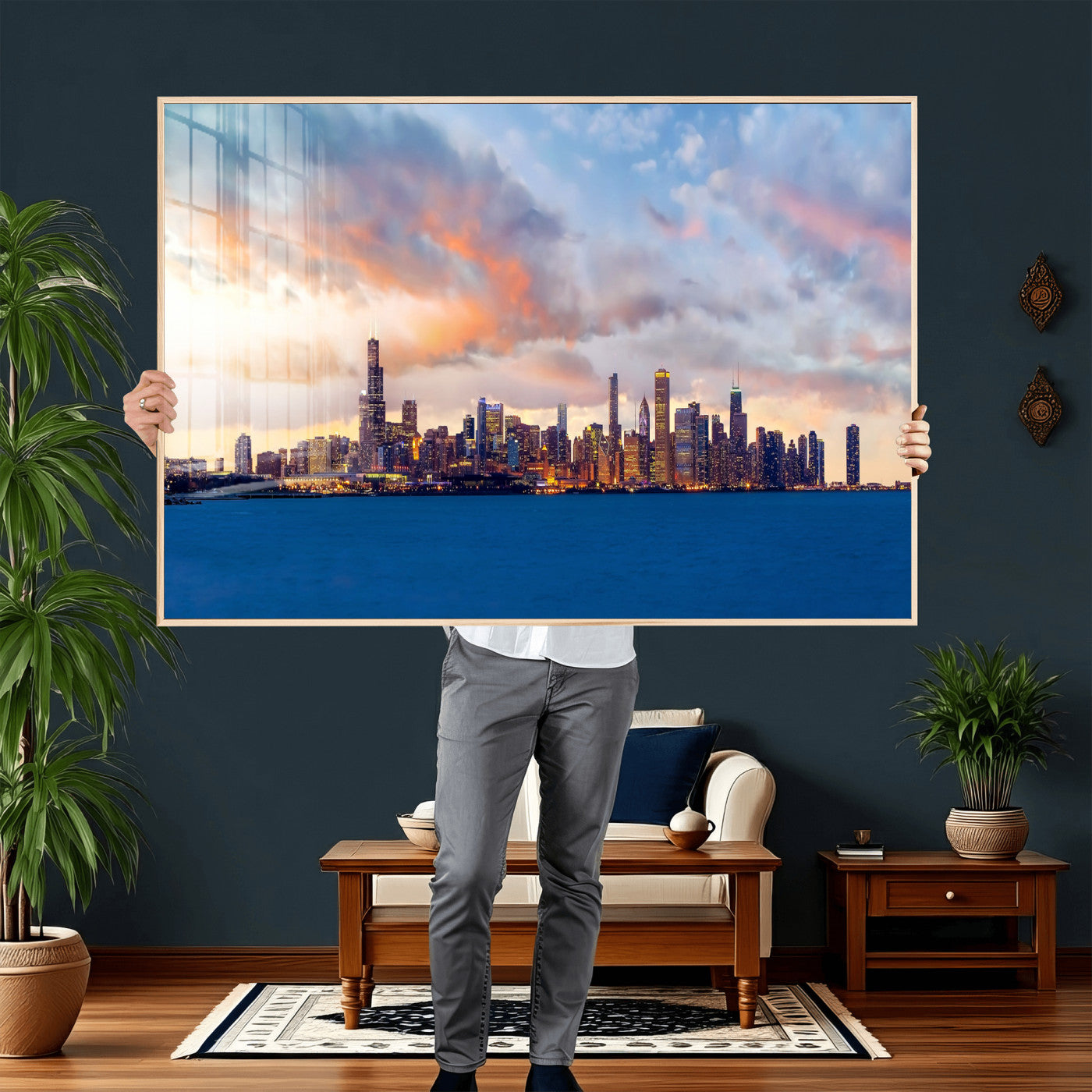 34667960-MGV-CV-36X24 - Chicago Wall Art Canvas Print, Chicago City Downtown Night Cityscape Print for Modern Urban Wall Decor