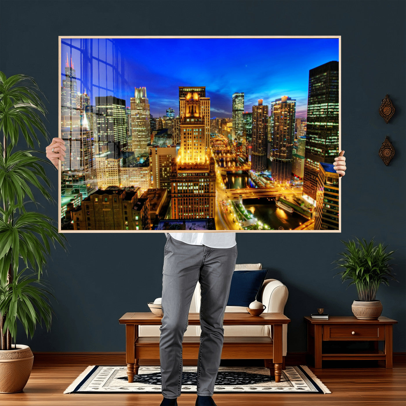46298885-MGV-CV-36X24 - Chicago Wall Art Canvas Print, Chicago City Downtown Night Cityscape Print for Modern Urban Wall Decor