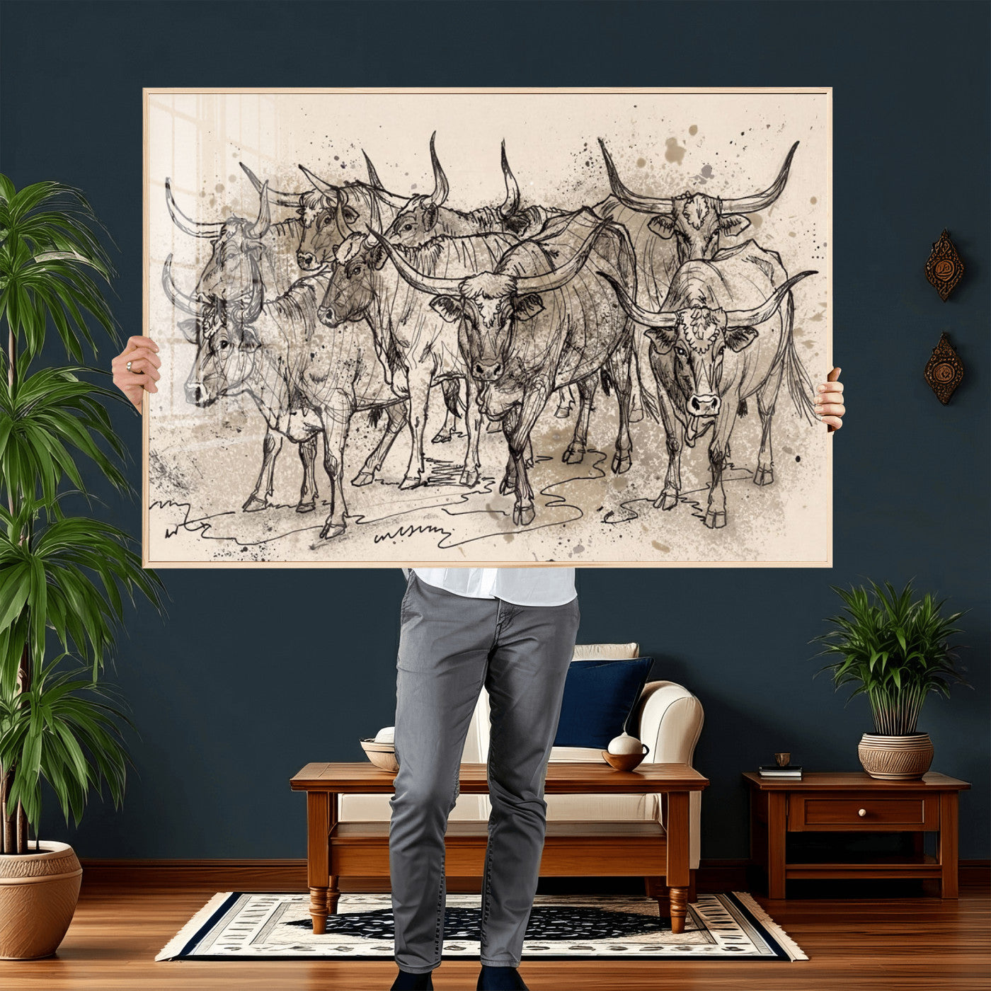 74232558-MGV-CV-36X24 - Farmhouse Animals Wall Art Canvas Print - Abstract Farm Animal Drawing Mid-Century Wall Art for Cabin Decor