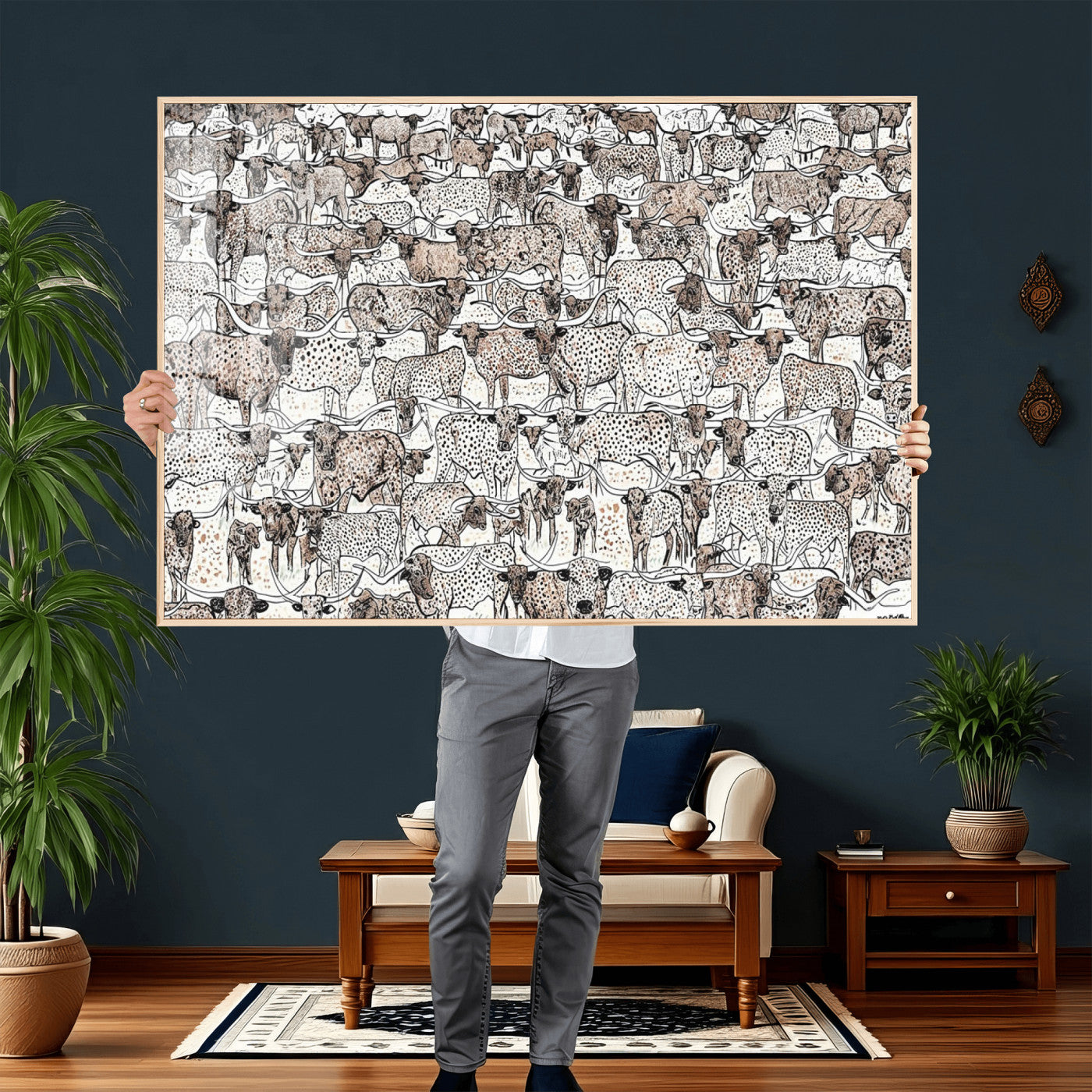 49200255-MGV-CV-36X24 - Farmhouse Animals Wall Art Canvas Print - Abstract Farm Animal Drawing Mid-Century Wall Art for Cabin Decor