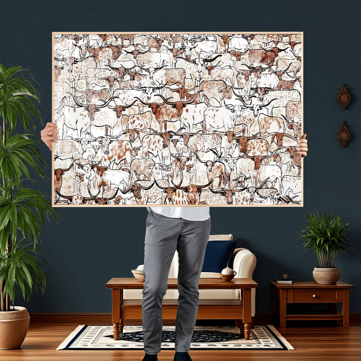 71869761-MGV-CV-36X24 - Farmhouse Animals Wall Art Canvas Print - Abstract Farm Animal Drawing Mid-Century Wall Art for Cabin Decor