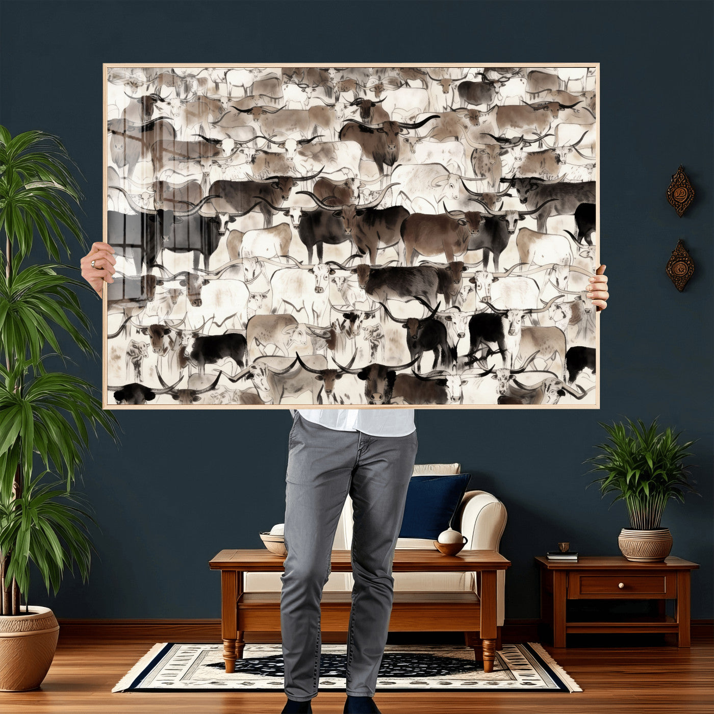 46084312-MGV-CV-36X24 - Farmhouse Animals Wall Art Canvas Print - Abstract Farm Animal Drawing Mid-Century Wall Art for Cabin Decor