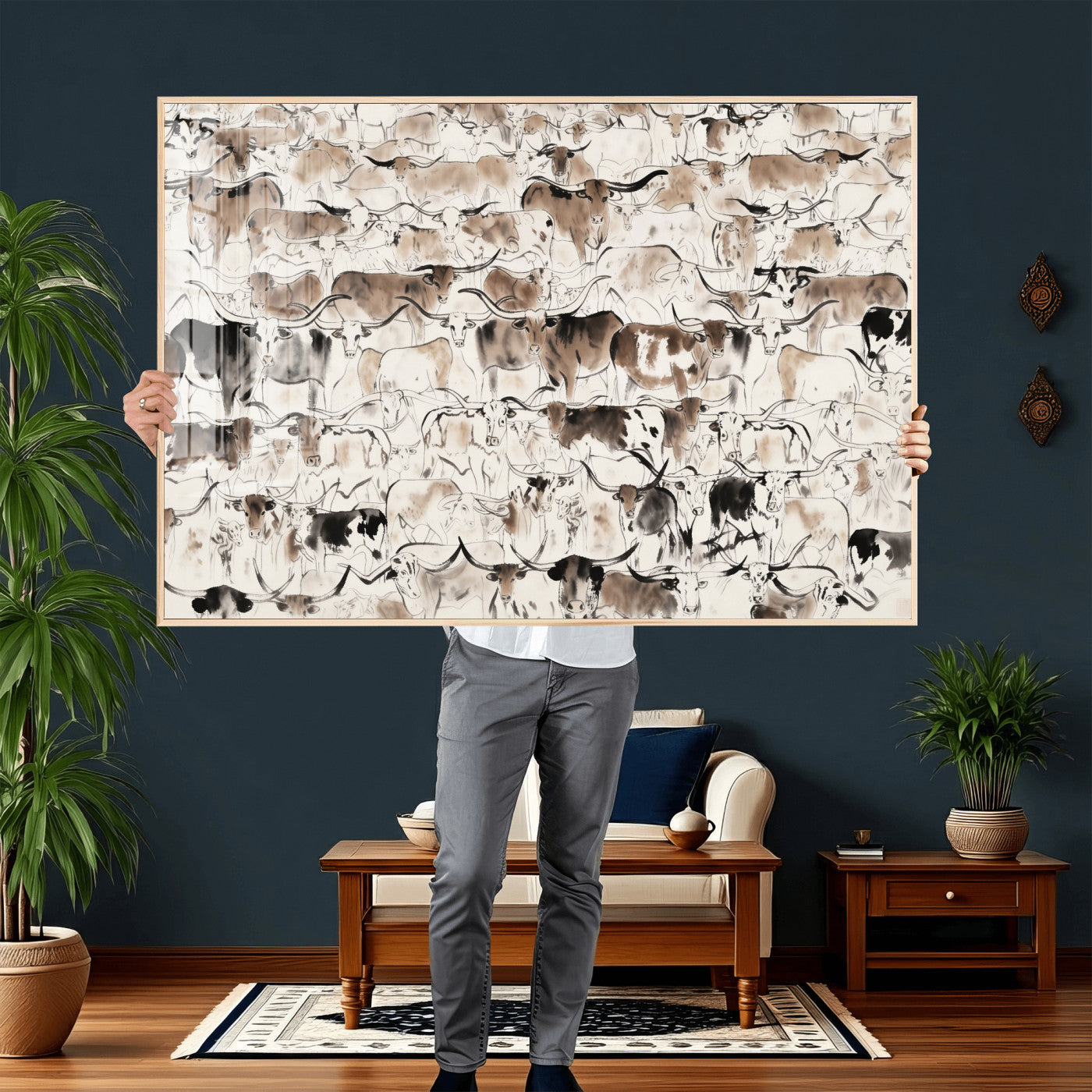 66685375-MGV-CV-36X24 - Farmhouse Animals Wall Art Canvas Print - Abstract Farm Animal Drawing Mid-Century Wall Art for Cabin Decor