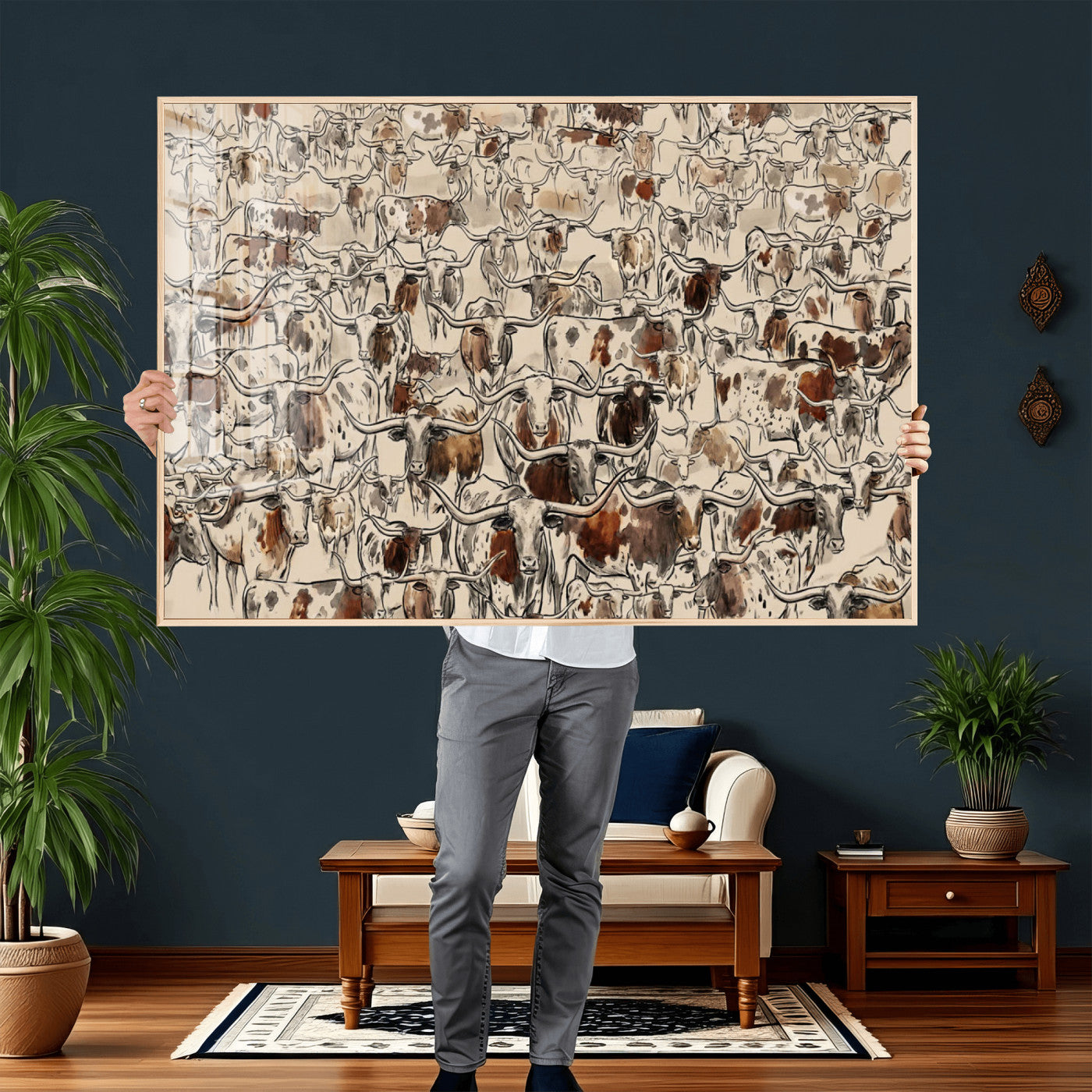 94808502-MGV-CV-36X24 - Farmhouse Animals Wall Art Canvas Print - Abstract Farm Animal Drawing Mid-Century Wall Art for Cabin Decor
