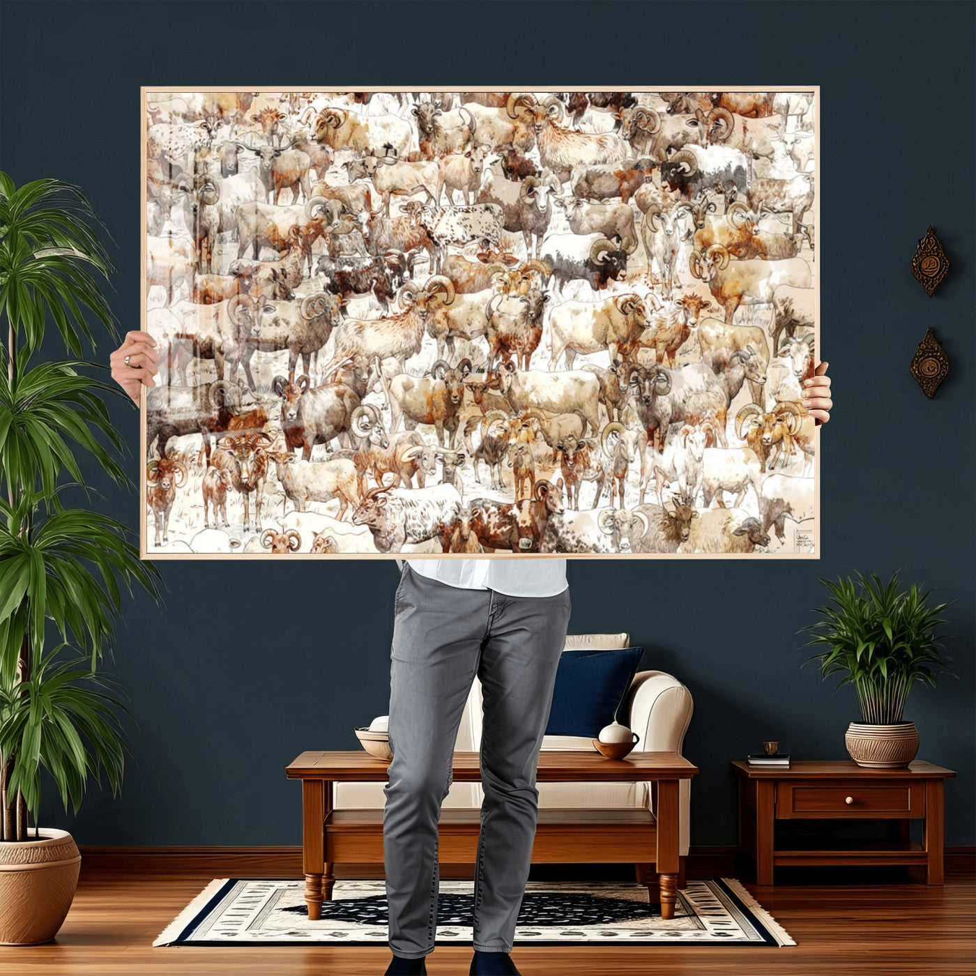 95103864-MGV-CV-36X24 - Farmhouse Animals Wall Art Canvas Print - Abstract Farm Animal Drawing Mid-Century Wall Art for Cabin Decor