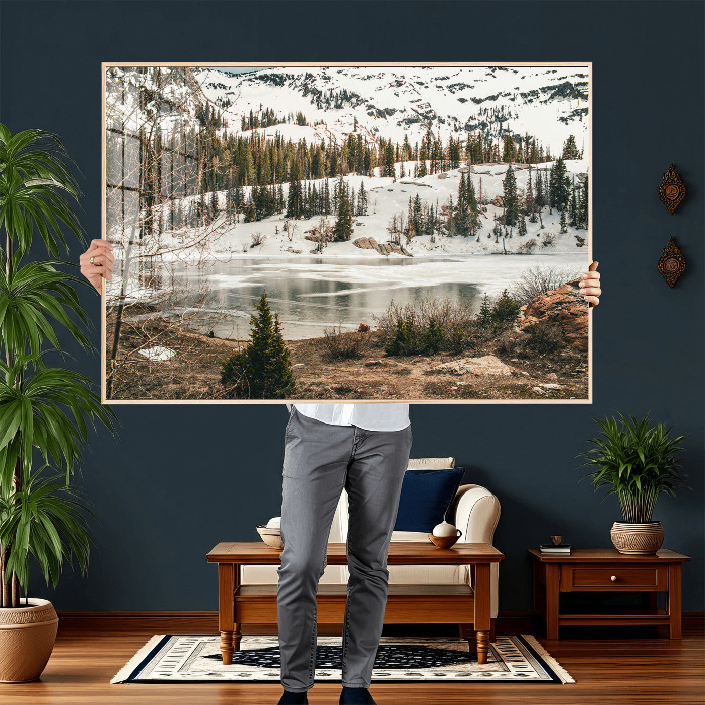 10336249-MGV-CV-36X24 - Snowy Mountain Landscape Wall Art Canvas Print, Alpine Pine Forest Winter Nature Wall Decor for Living Room and Office