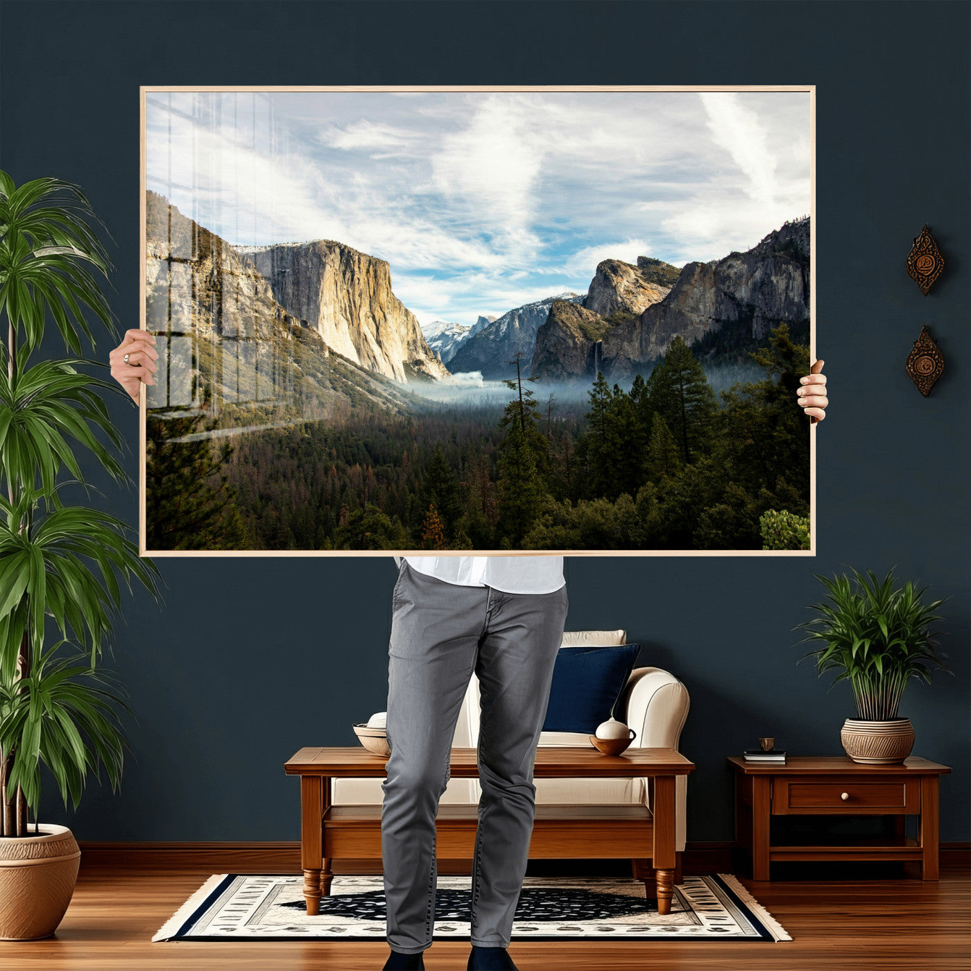 15089394-MGV-CV-36X24 - Yosemite Valley Mountain Landscape Wall Art Canvas Print, Granite Cliff Forest Valley Canvas Print, California National Park Scenic Art Printing