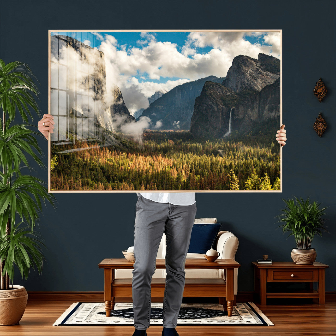 18271001-MGV-CV-36X24 - Yosemite Valley River Landscape Wall Art Canvas Print, Granite Cliffs Forest River Canvas Print, California National Park Moody Scenic Art Printi