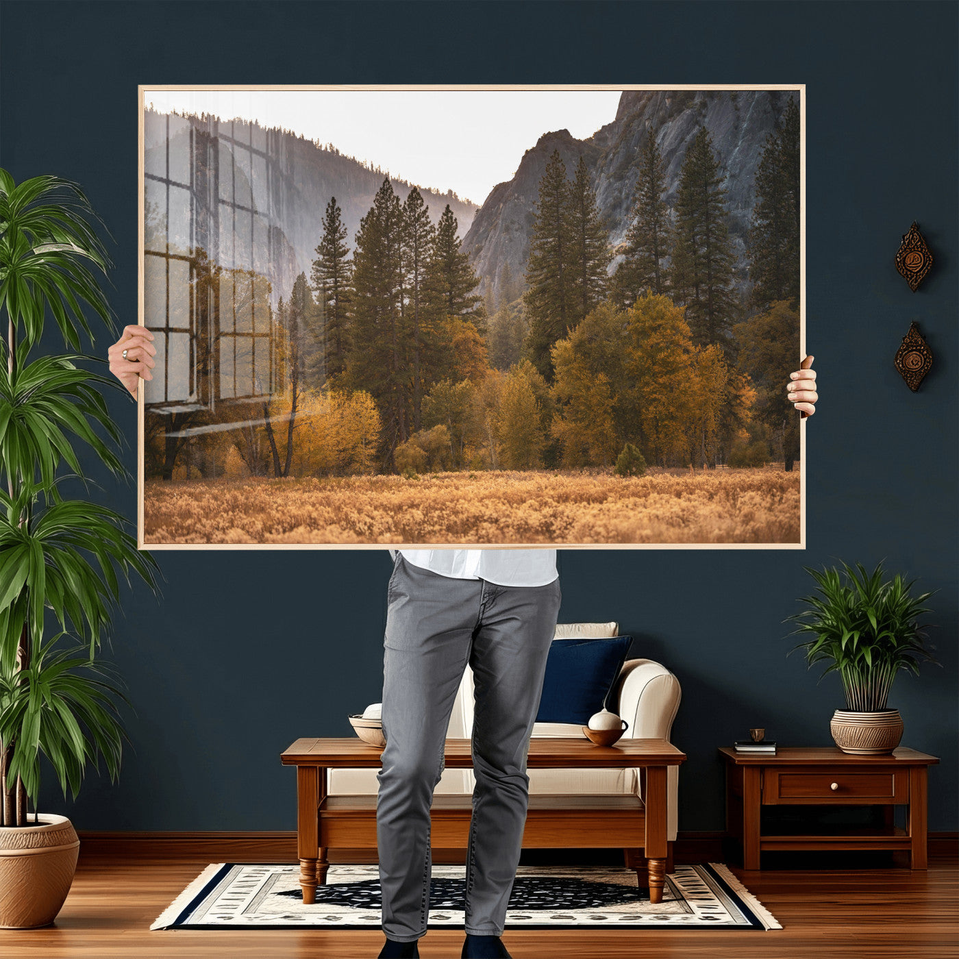61682763-MGV-CV-36X24 - Yosemite Valley Autumn Forest Landscape Wall Art Canvas Print, Granite Mountain Pine Trees Canvas Print, California National Park Fall Scenic Art Printing