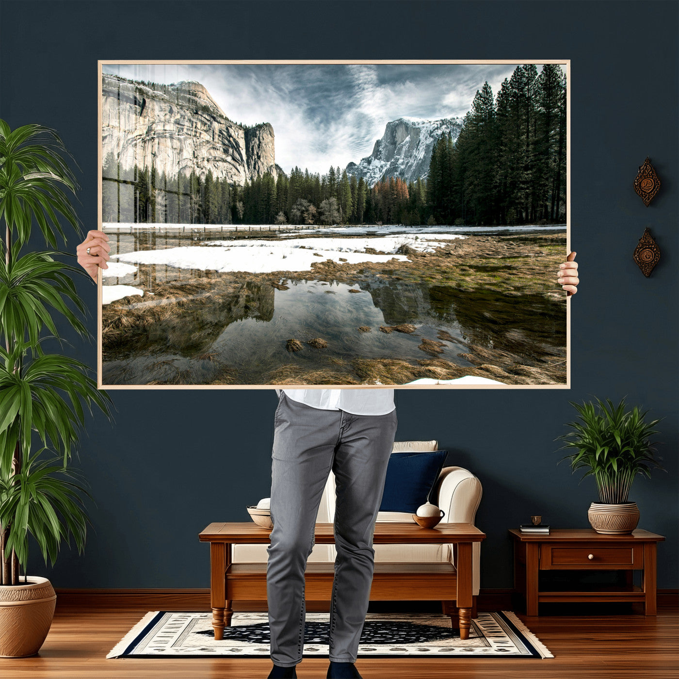 14527348-MGV-CV-36X24 - Yosemite Valley Mountain Landscape Wall Art Canvas Print, Granite Cliff Forest Valley Canvas Print, California National Park Scenic Art Printing