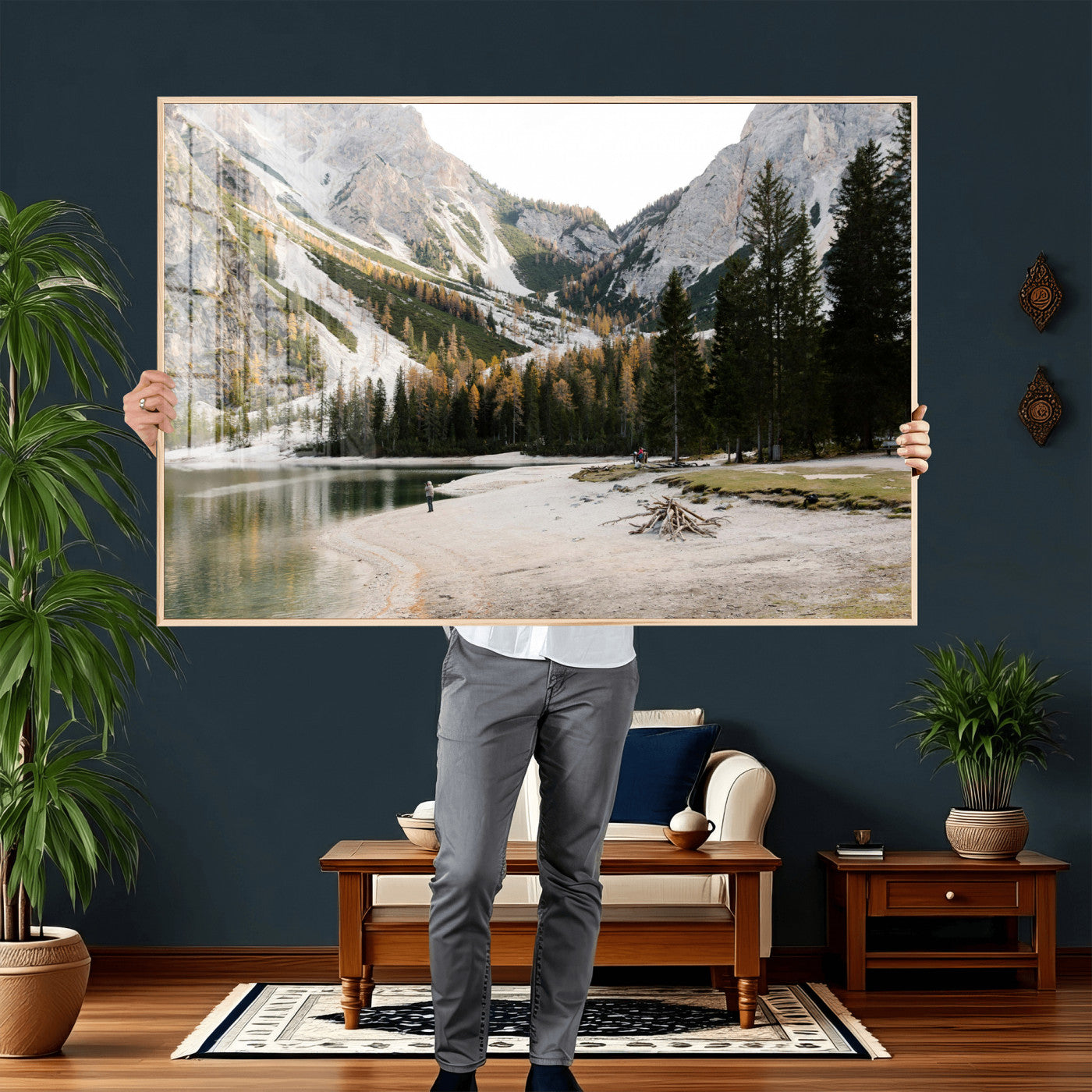 89246758-MGV-CV-36X24 - Lake Braies Alpine Landscape Wall Art Canvas Print, Dolomites Mountain Lake Forest Canvas Print, Italian Alps Scenic Nature Art Printing