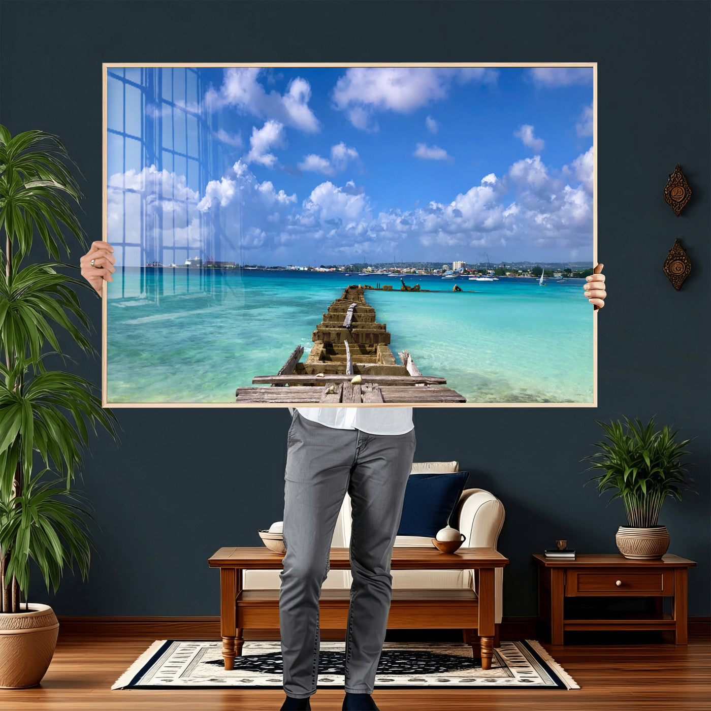 43165024-MGV-CV-36X24 - Caribbean Ocean Pier Seascape Wall Art Canvas Print, Turquoise Sea Tropical Harbor Canvas Print, Island Coastal Blue Water Scenic Art Printing