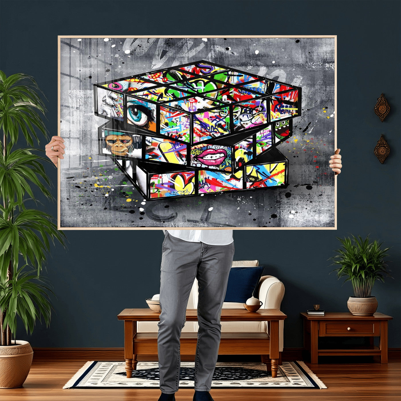 46789556-MGV-CV-36X24 - Graffiti Cube Abstract Street Art Wall Art Canvas Print, Colorful Urban Pop Art Geometric Canvas Print, Modern Street Art Contemporary Art Printing