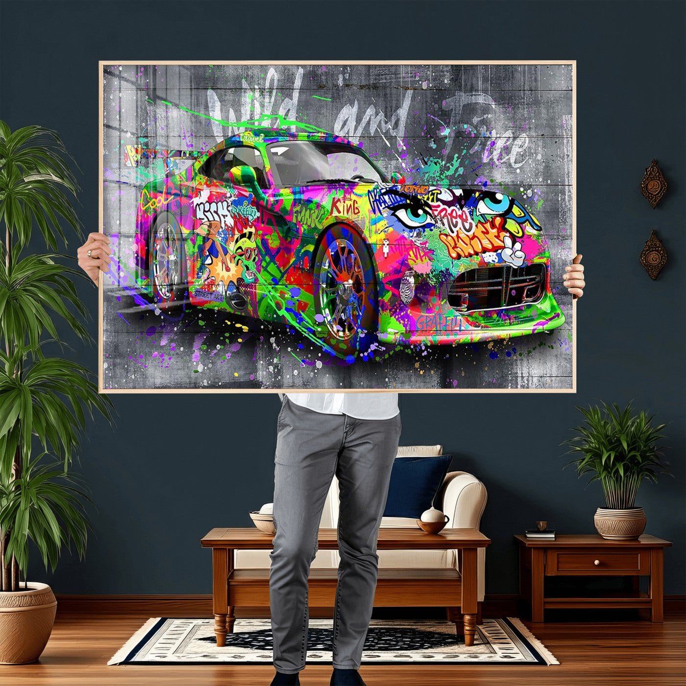 95314968-MGV-CV-36X24 - Graffiti Sports Car Street Art Wall Art Canvas Print, Colorful Urban Supercar Pop Art Canvas Print, Modern Graffiti Car Contemporary Art Printing