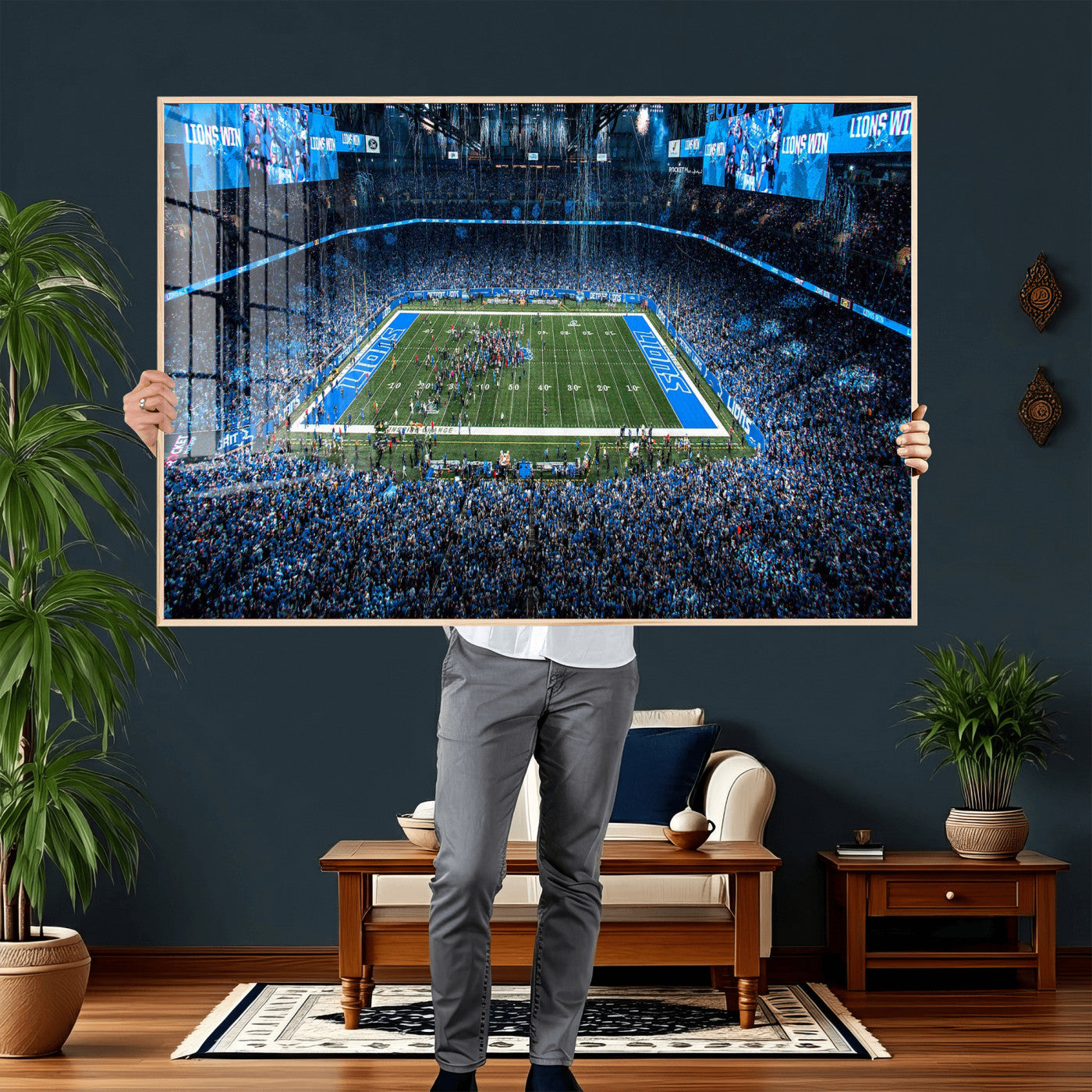 80882005-MGV-CV-36X24 - Detroit Lions Stadium Wall Art Canvas Print, Football Field Panorama Artwork, NFL Game Night Stadium Decor