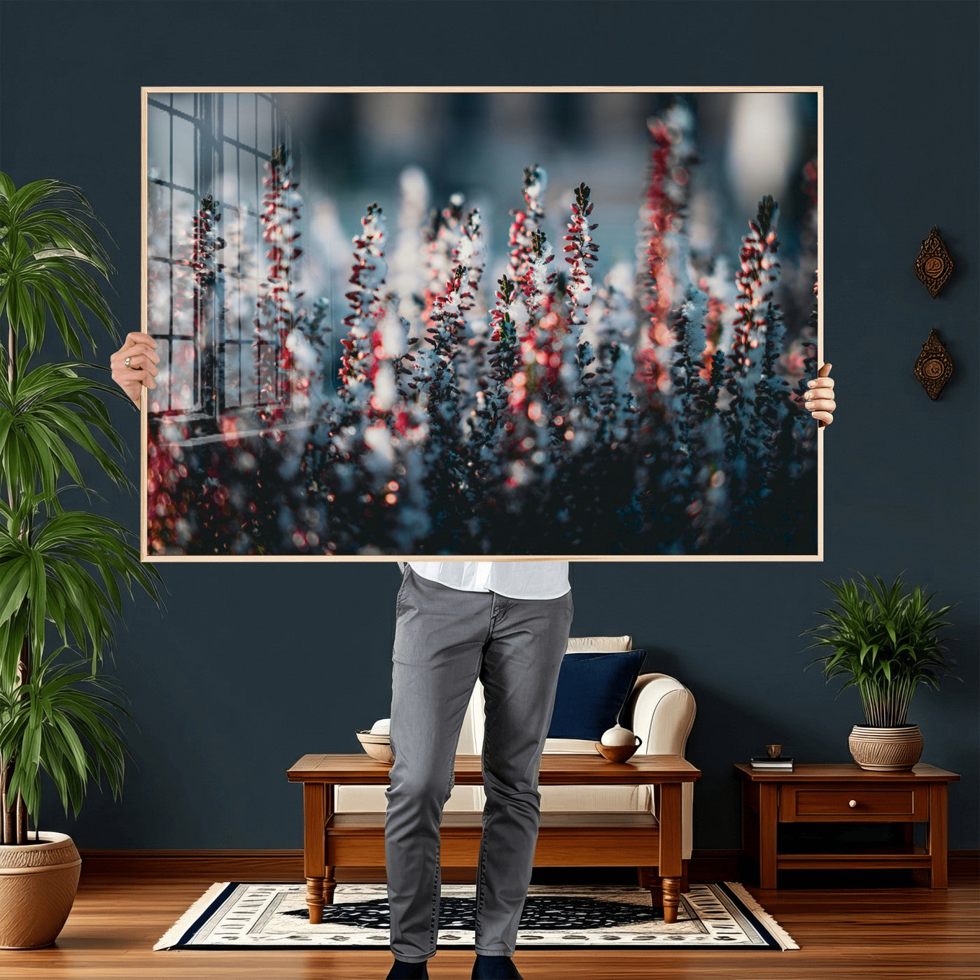 82063935-MGV-CV-36X24 - Winter Heather Wall Art Canvas Print, Frosted Floral Nature Art, Moody Botanical Wall Decor