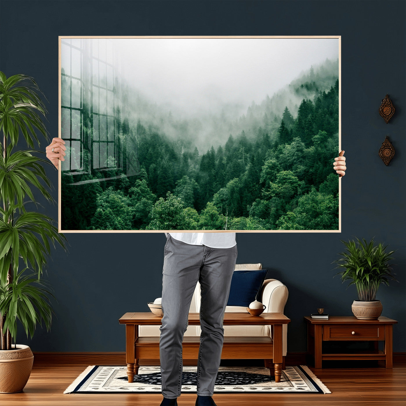 61640815-MGV-CV-36X24 - Misty Pine Forest Wall Art Canvas Print, Foggy Evergreen Landscape Wall Decor, Moody Green Nature Artwork, Minimal Forest Canvas Wall Art, Framed Canvas Wall Art Ready to Hang