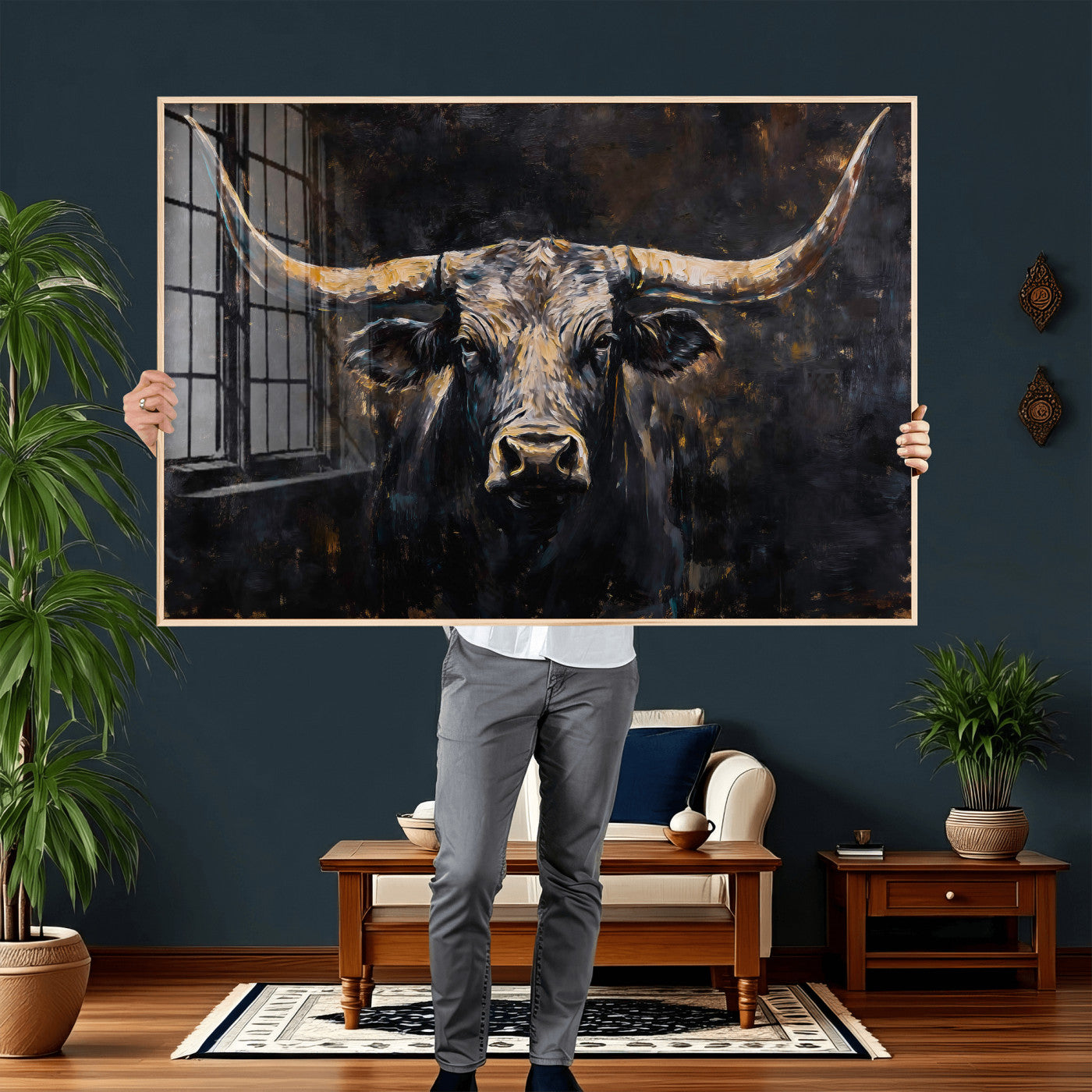 17622011-MGV-CV-36X24 - Abstract Longhorn Bull Wall Art Canvas Print – Dark Rustic Western Cattle Artwork for Farmhouse, Ranch, Cabin, and Office Decor