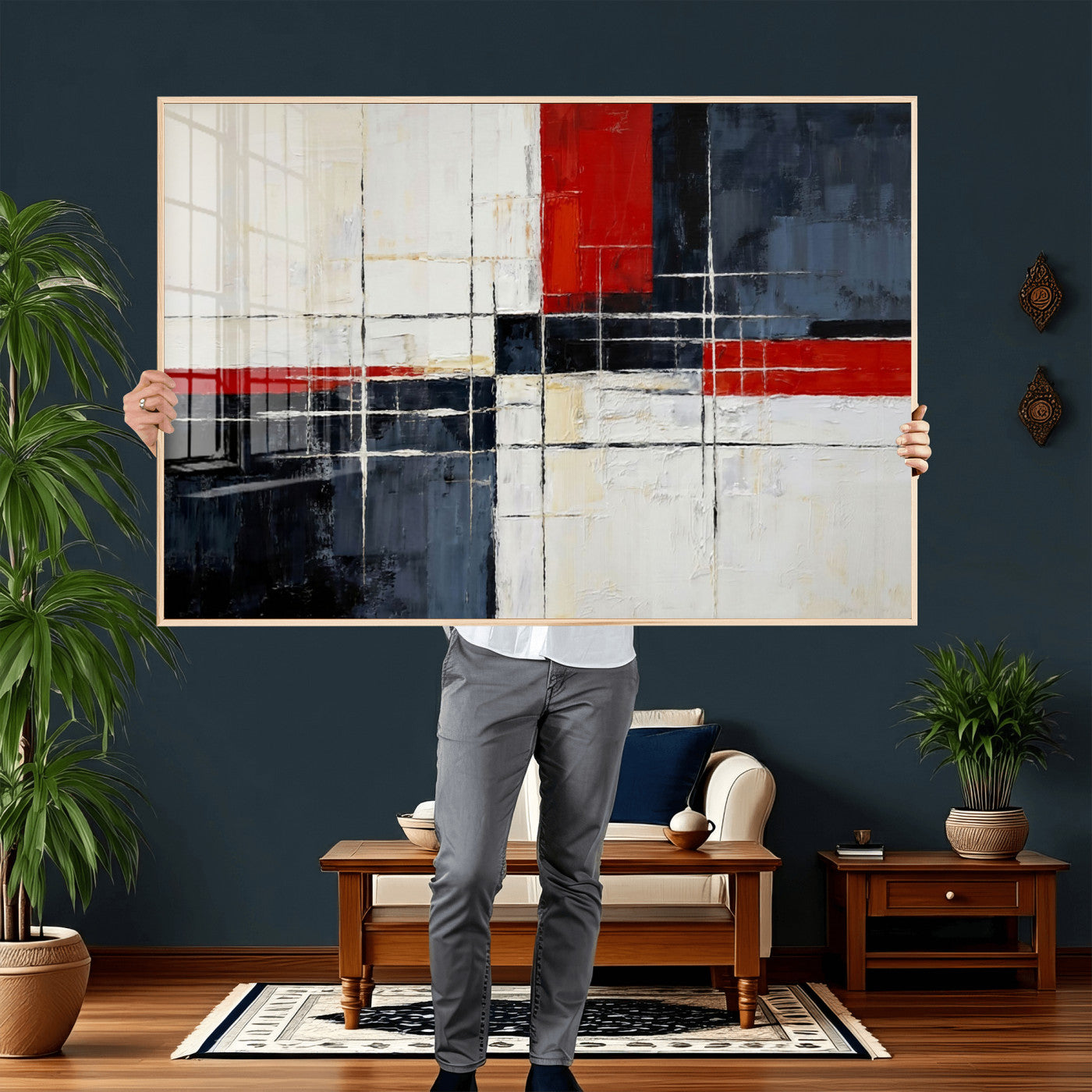 44088165-MGV-CV-36X24 - Navy Red Abstract Wall Art Canvas Print, Modern Luxury Geometric Painting Wall Decor for Living Room and Office