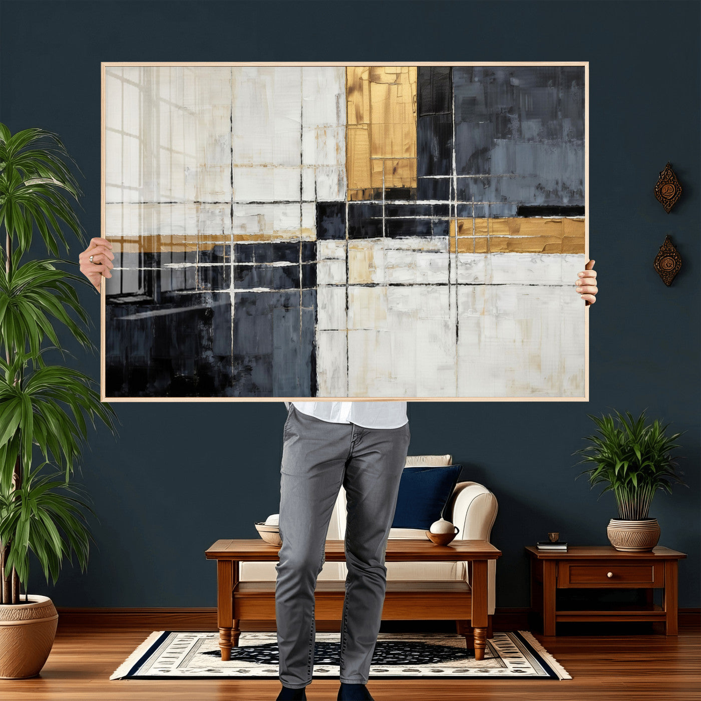 78975677-MGV-CV-36X24 - Gold Abstract Wall Art Canvas Print, Modern Luxury Geometric Painting Wall Decor for Living Room and Office