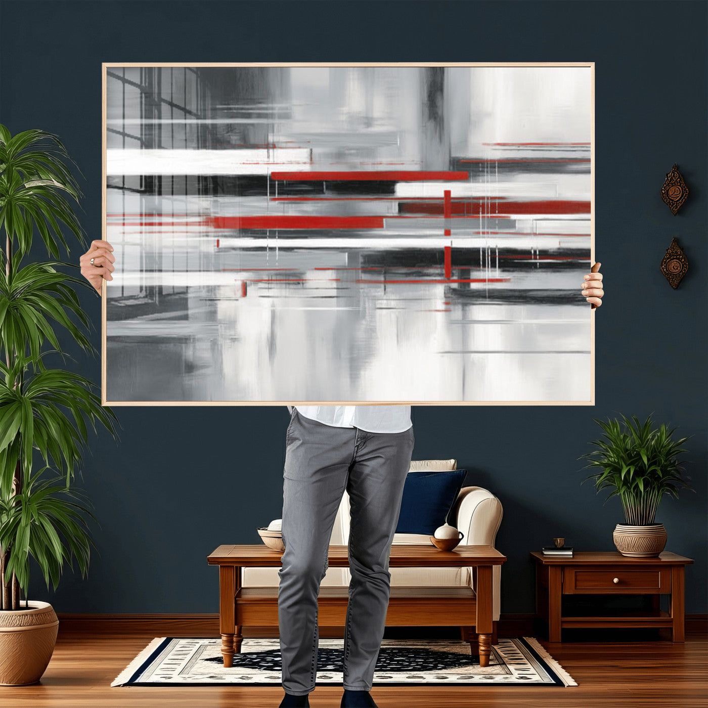 62640681-MGV-CV-36X24 - Gray Red Abstract Wall Art Canvas Print, Modern Abstract Canvas Wall Decor for Contemporary Living Room and Office