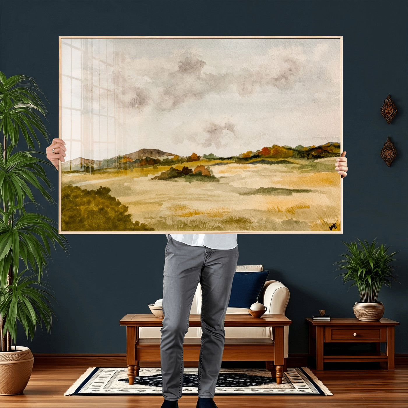 94151004-MGV-CV-36X24 - Watercolor Abstract Countryside Wall Art Canvas Print, Neutral Pastoral Landscape Painting Wall Decor for Modern Farmhouse Interiors