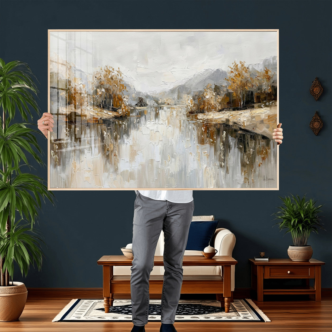 78227690-MGV-CV-36X24 - Neutral Abstract Lake Landscape Wall Art Canvas Print, Modern Minimal River Reflection Canvas Print, Beige Gray Contemporary Nature Art Printing