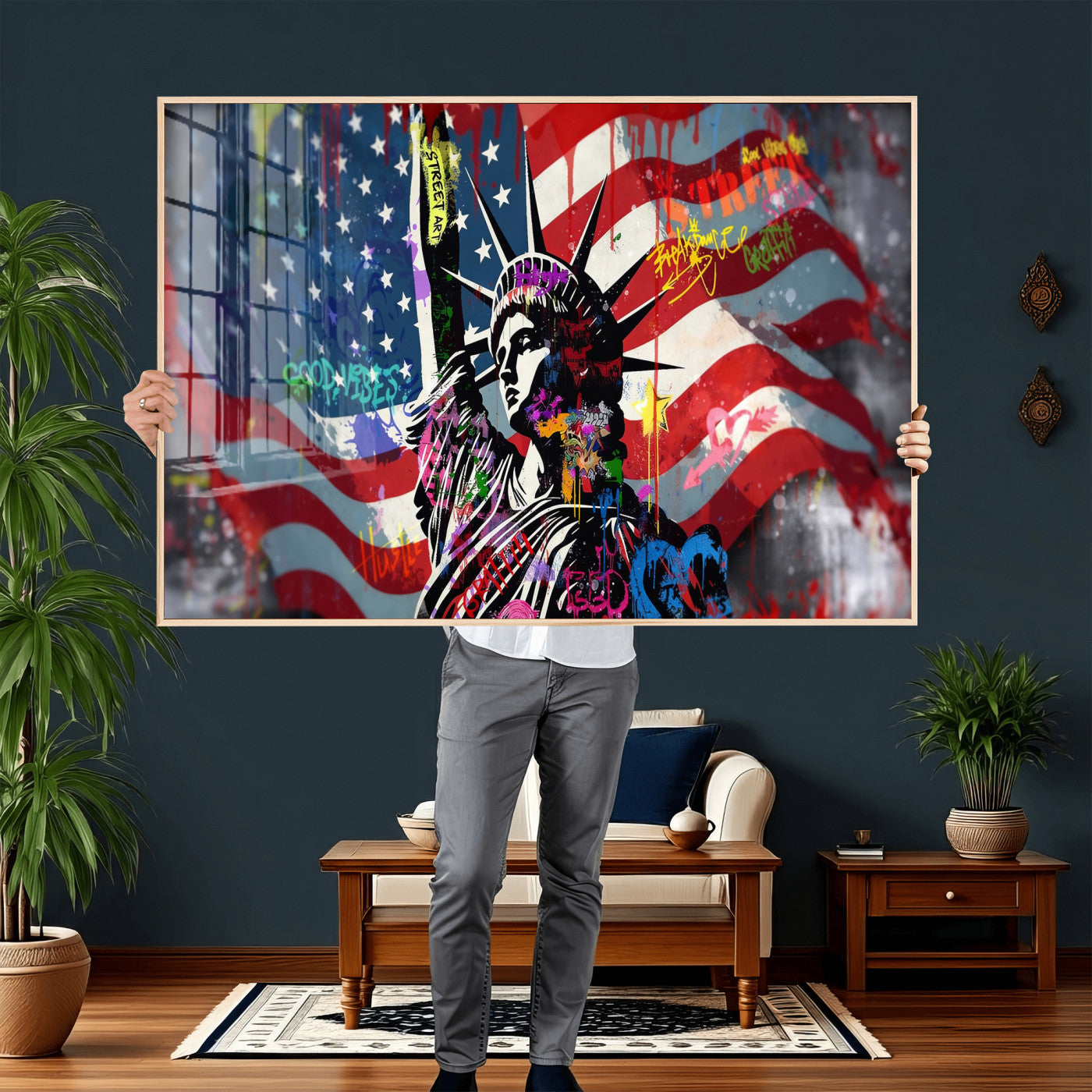 32151941-MGV-CV-36X24 - USA Statue of Liberty Graffiti Street Art Wall Art Canvas Print, American Flag Urban Pop Art Canvas Print, Modern Patriotic Street Art Contemporary Art Printing