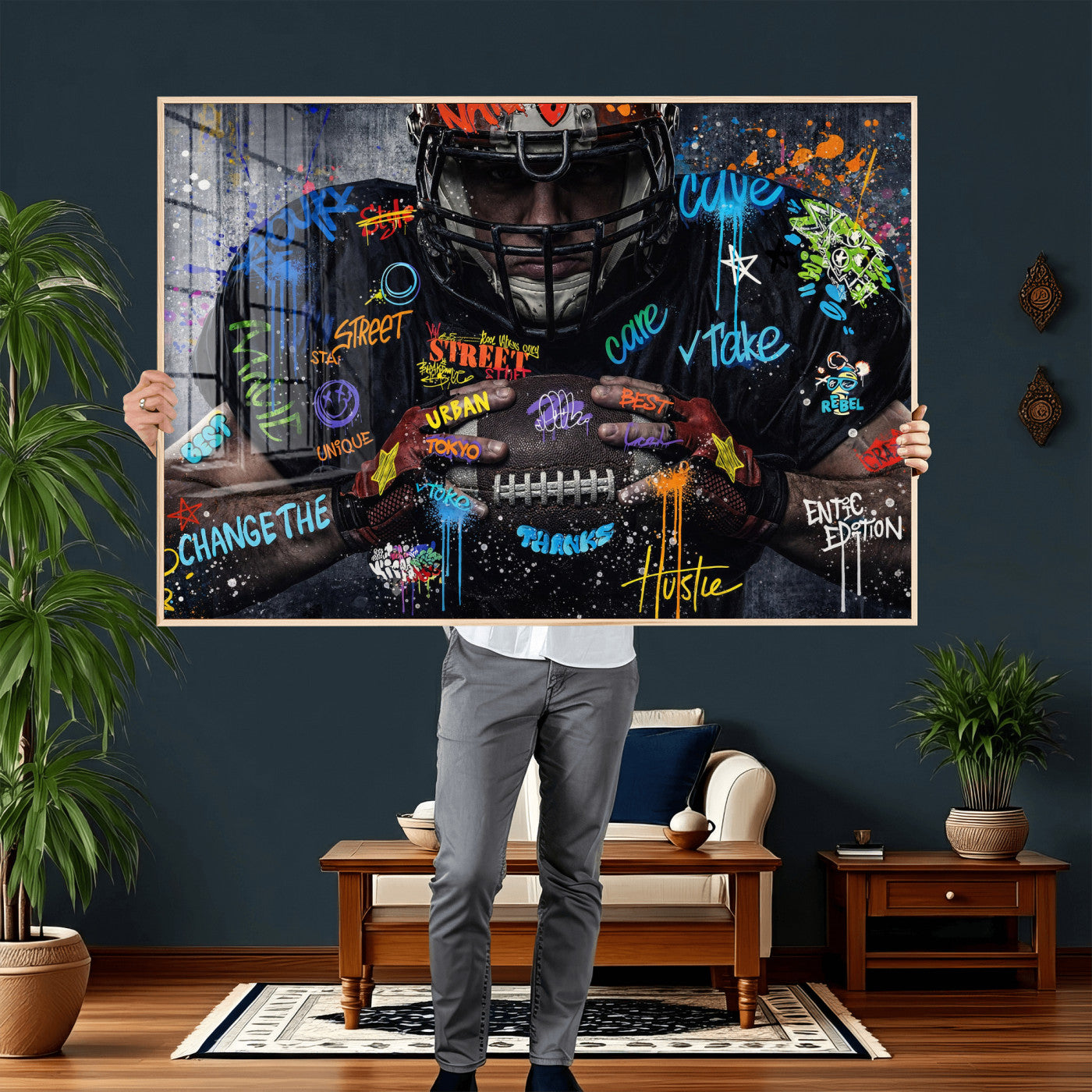 55267256-MGV-CV-36X24 - Graffiti American Football Player Street Art Wall Art Canvas Print, Urban Sports Pop Art Football Canvas Print, Modern Athletic Graffiti Contemporary Art Printing