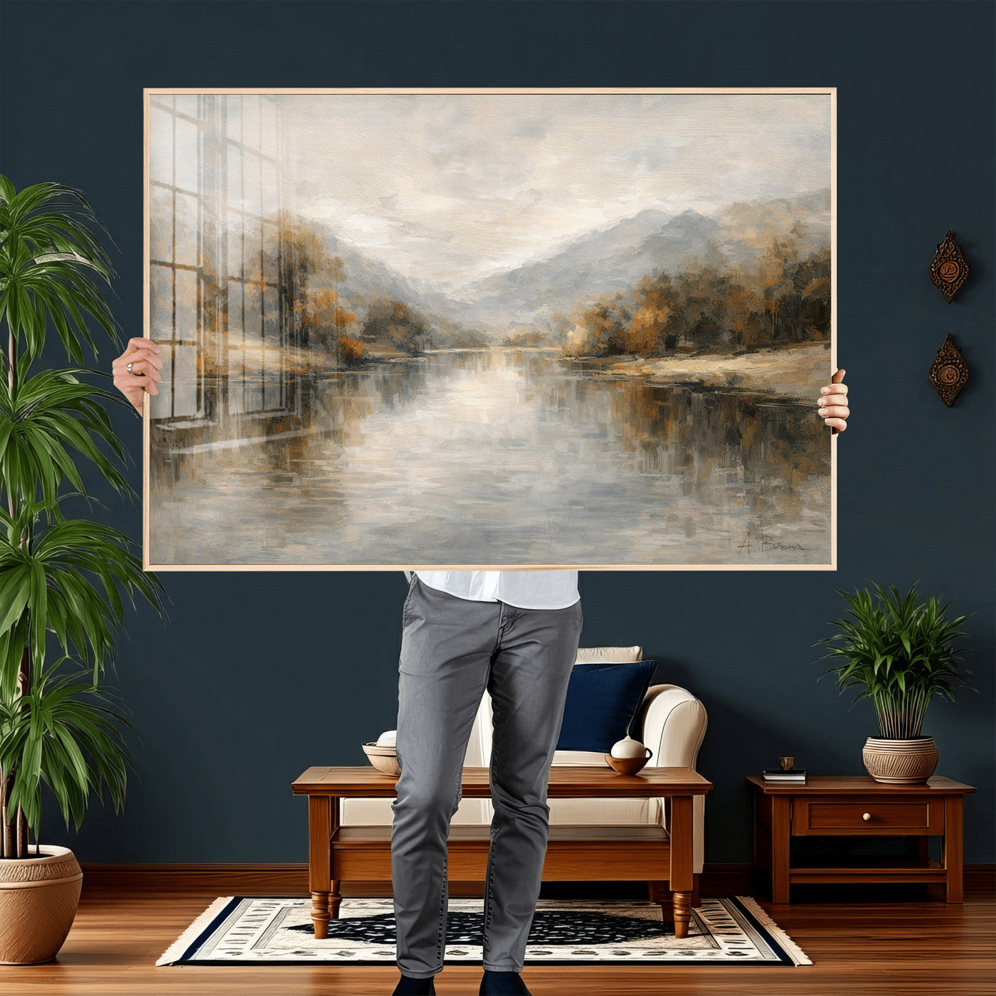 29251761-MGV-CV-36X24 - Neutral Abstract River Landscape Wall Art Canvas Print, Modern Minimal Nature Reflection Canvas Print, Beige Gray Contemporary Mountain Art Printing