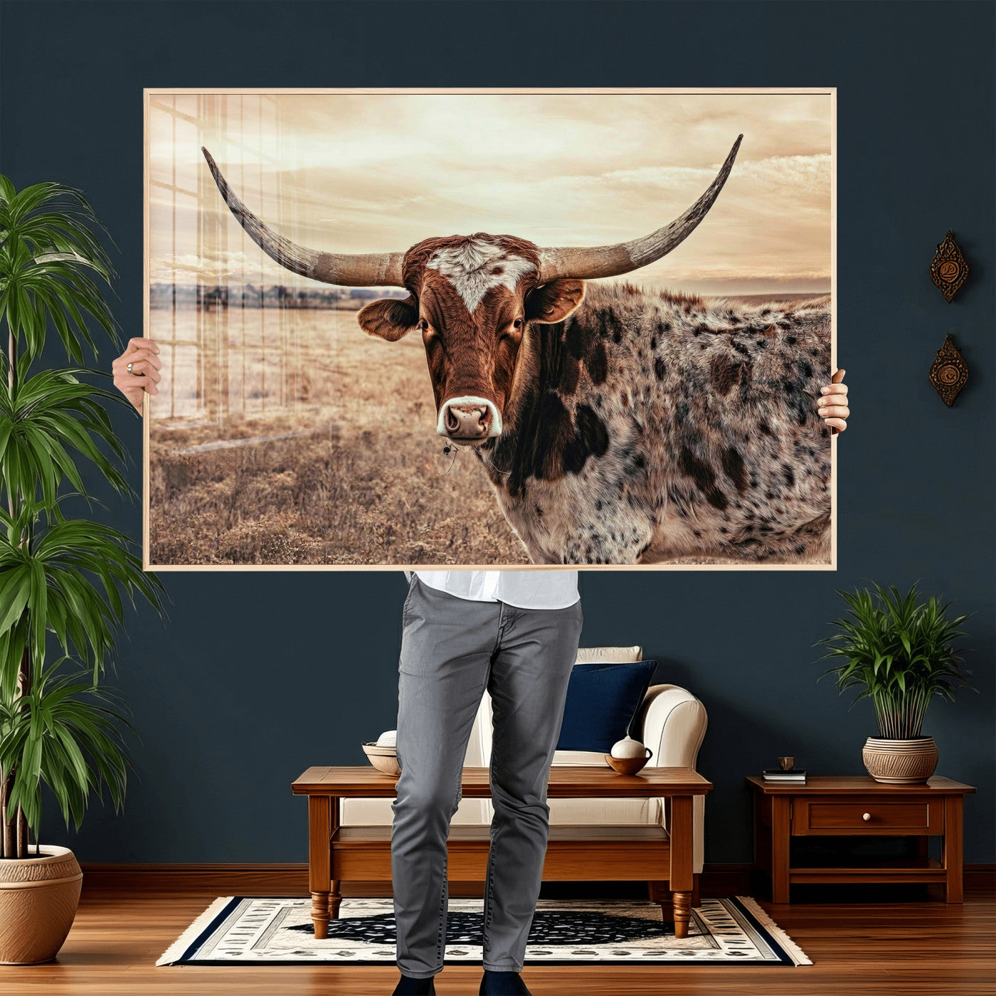 55805825-MGV-CV-36X24 - Texas Longhorn Wall Art Canvas Print – Western Cattle Ranch Artwork for Rustic Farmhouse Decor