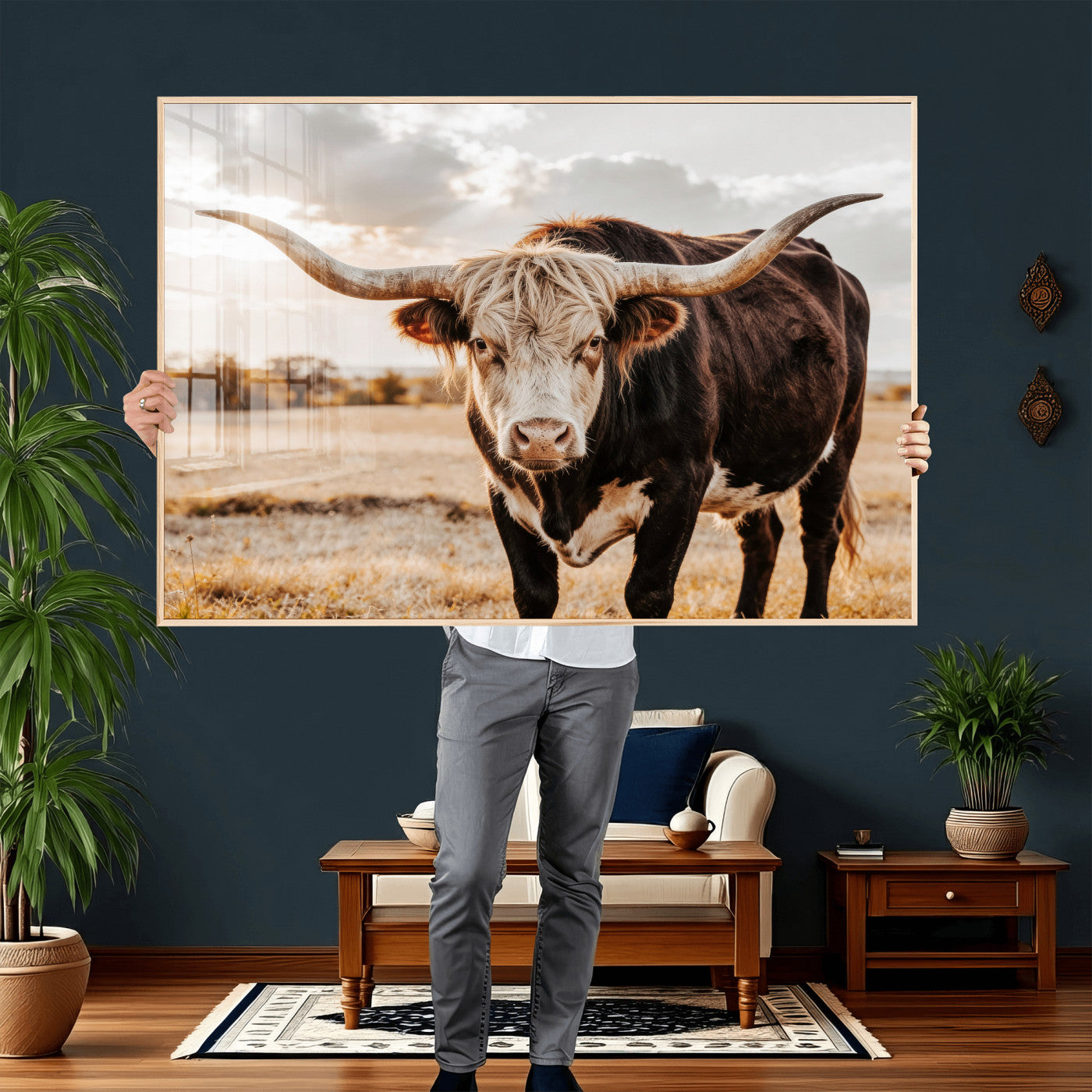 88230279-MGV-CV-36X24 - Texas Longhorn Bull Rustic Wall Art Canvas Print, Western Cattle Photography Canvas Print, Ranch Farm Animal Western Art Printing