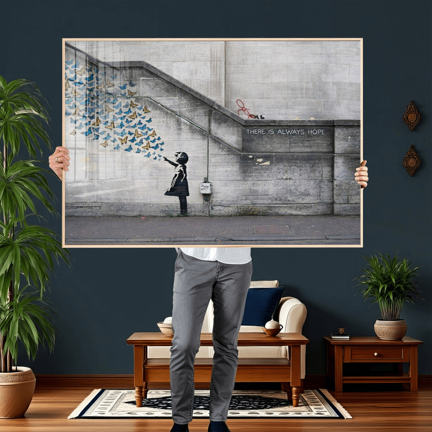 15274223-MGV-CV-36X24 - Banksy Girl with Butterflies Street Art Wall Art Canvas Print, Hope Graffiti Urban Art Canvas Print, Minimalist Inspirational Street Art Contemporary Art Printing