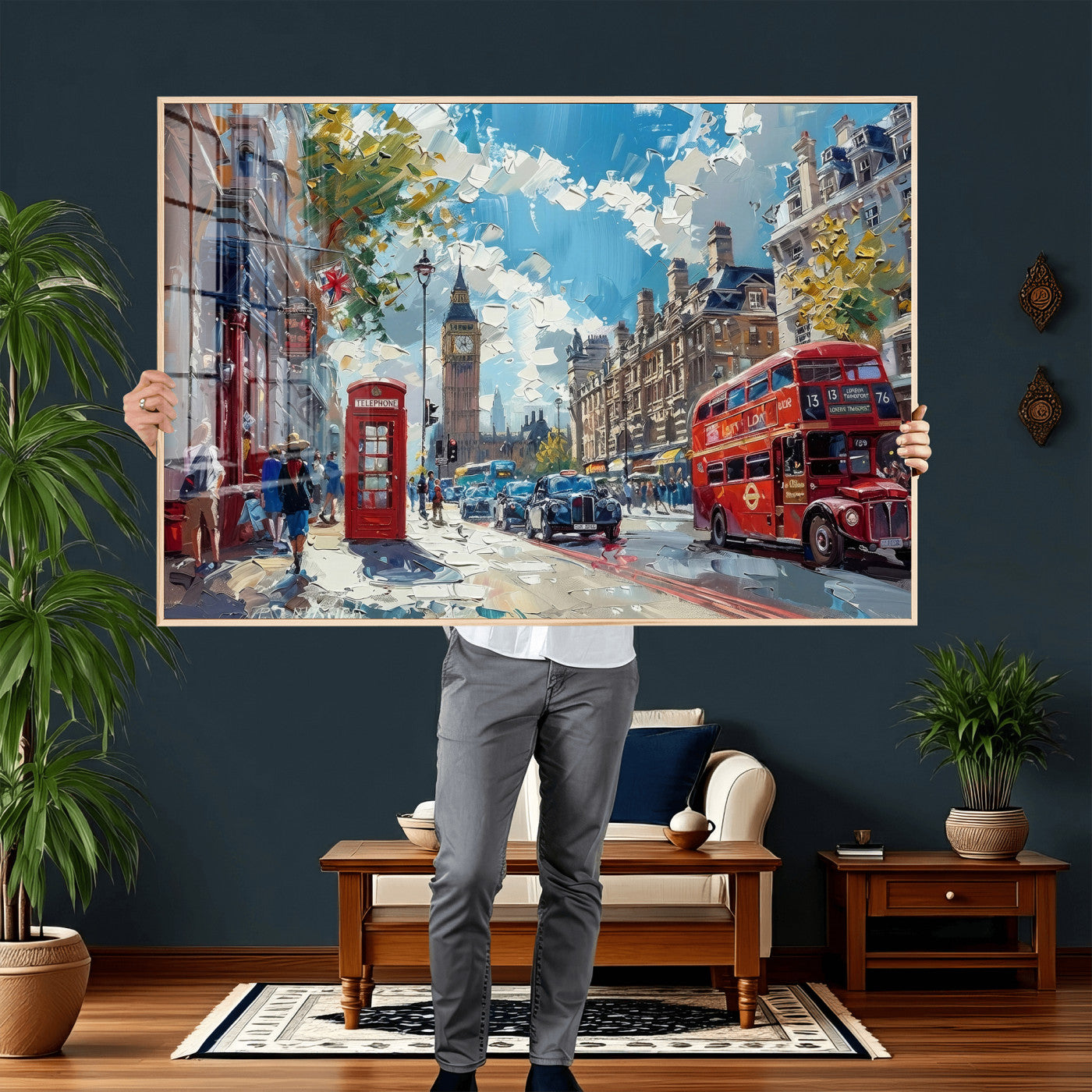 17630888-MGV-CV-36X24 - Modern London City Street Wall Art Canvas Print, Big Ben & Red Bus Artwork Canvas Print