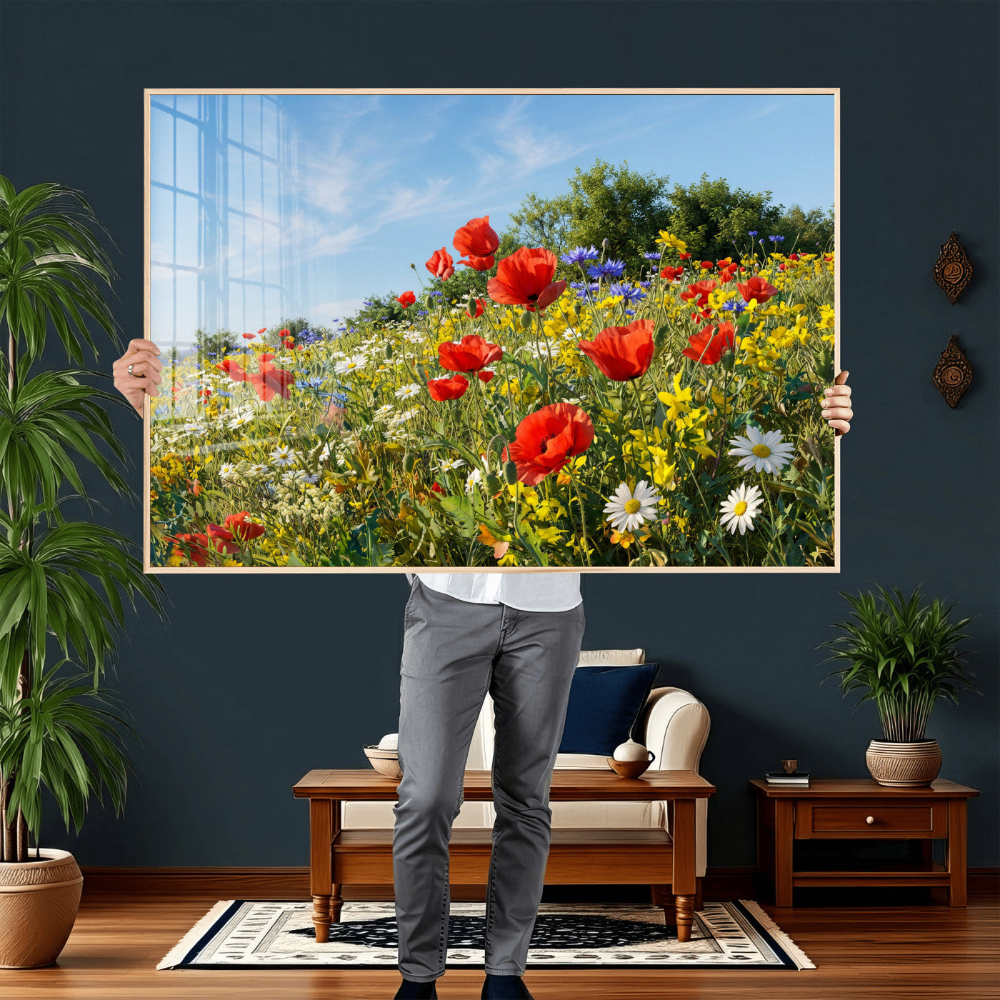 38570784-MGV-CV-36X24 - Wildflower Meadow Wall Art Canvas Print – Colorful Poppy and Daisy Field Landscape Artwork for Living Room Decor