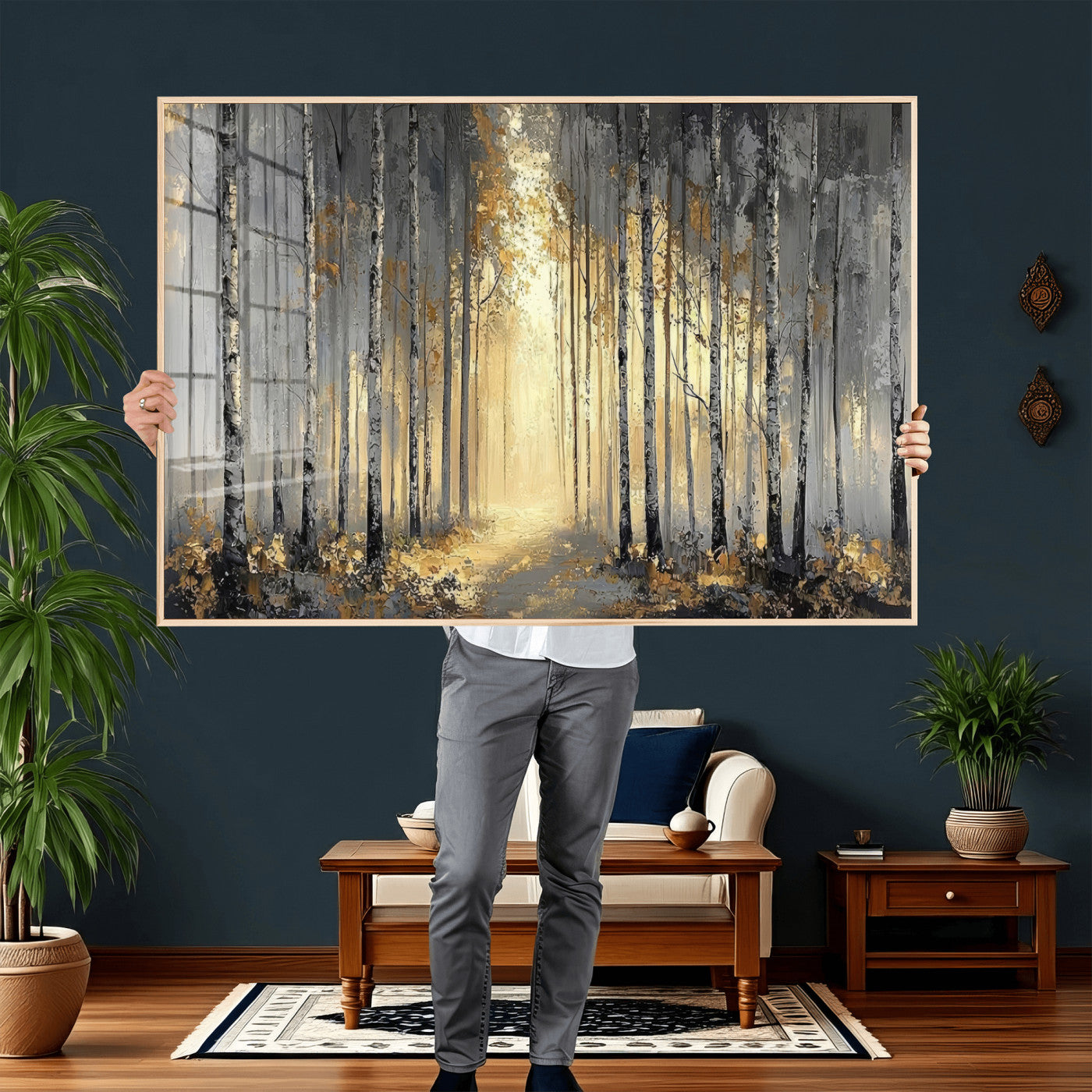 41017042-MGV-CV-36X24 - Abstract Birch Forest Wall Art Canvas Print – Modern Neutral Woodland Landscape Artwork for Living Room Decor