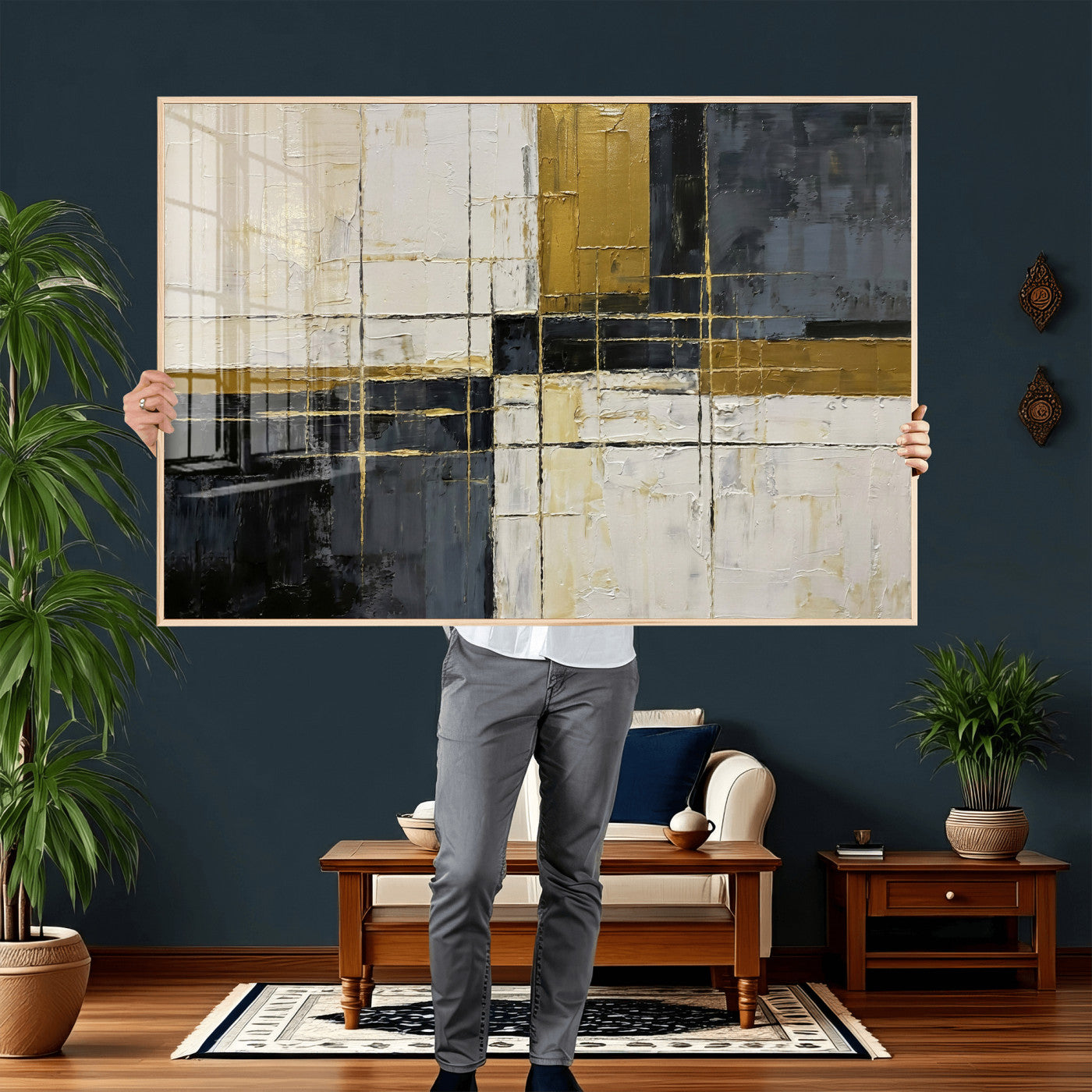 36097945-MGV-CV-36X24 - Abstract Gold and Black Wall Art Canvas Print – Modern Geometric Neutral Artwork for Living Room Decor