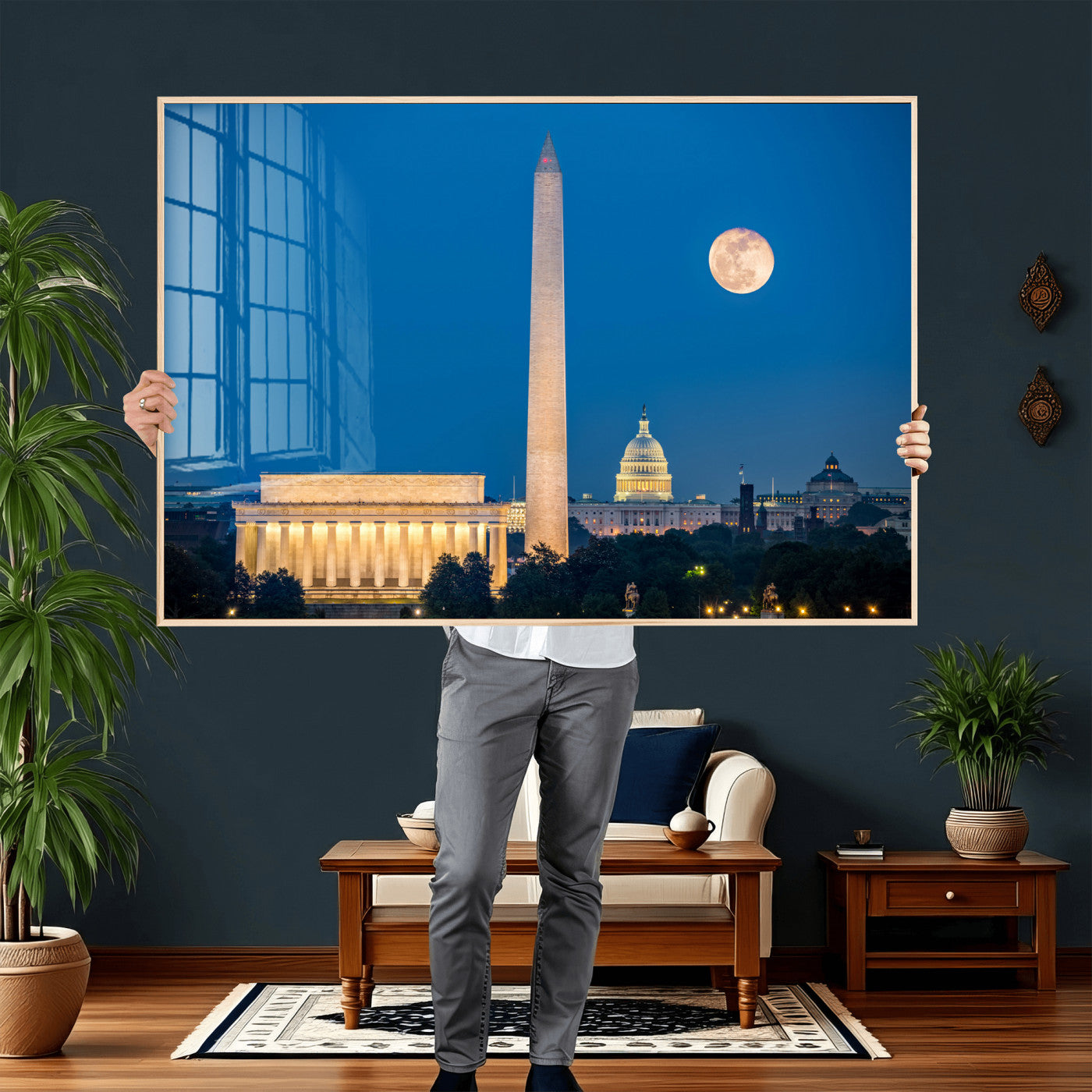 96712946-MGV-CV-36X24 - Washington DC Skyline Wall Art Canvas Print – Lincoln Memorial, Washington Monument and US Capitol Night Cityscape Artwork