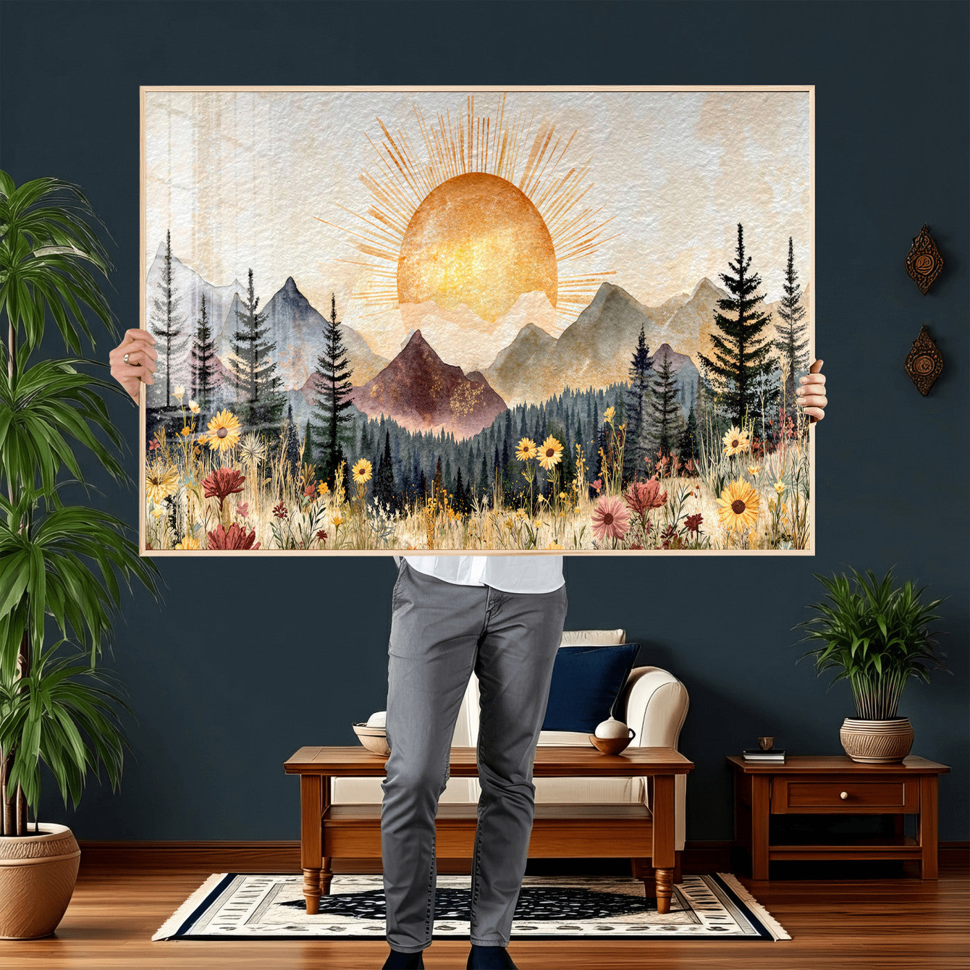 69025244-MGV-CV-36X24 - Boho Mountain Landscape Large Wall Art, Horizontal Gold Framed Canvas Print with Sun and Flowers