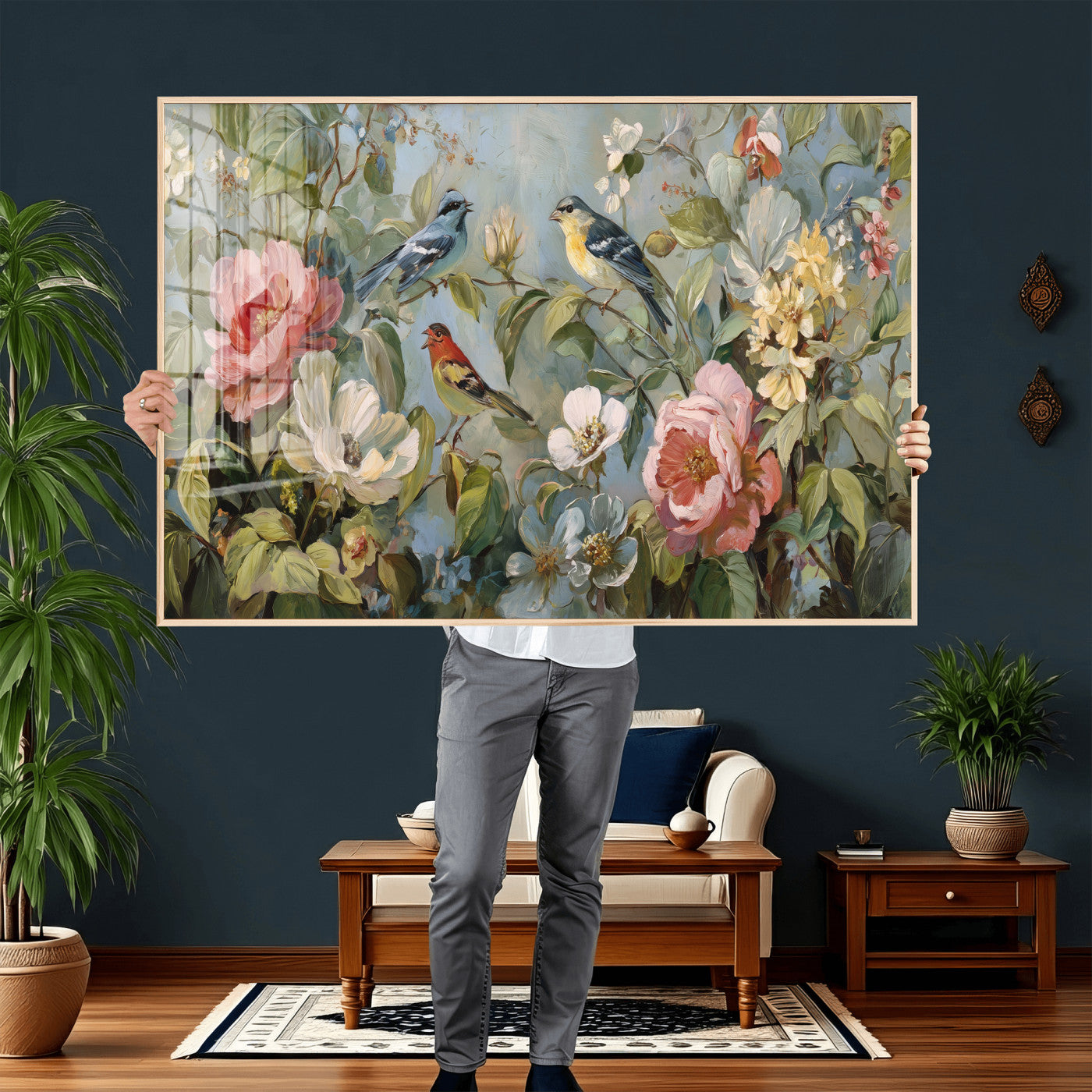 55440837-MGV-CV-36X24 - Vintage Birds and Flowers Wall Art Canvas Print, Botanical Bird Painting Canvas Print, Floral Garden Bird Artwork Canvas Print, Classic Bird Flower Painting Canvas Print