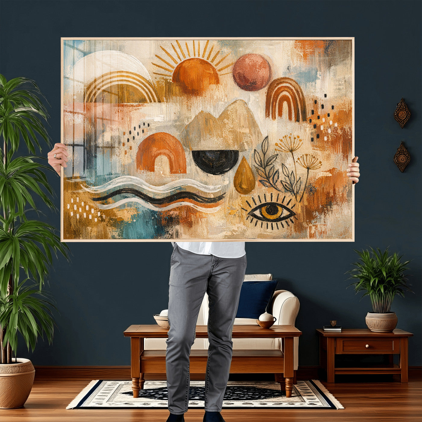 52155239-MGV-CV-36X24 - Geometric Boho Abstract Wall Art Canvas Print, Orange Blue Abstract Expressionist Painting Print, Modern Geometric Abstract Canvas Art