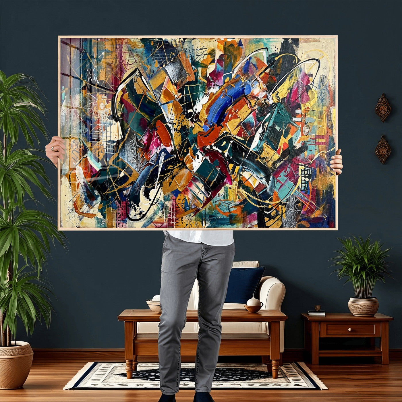 15525527-MGV-CV-36X24 - Geometric Abstract Wall Art Canvas Print, Orange Blue Abstract Expressionist Painting Print, Modern Geometric Abstract Canvas Art