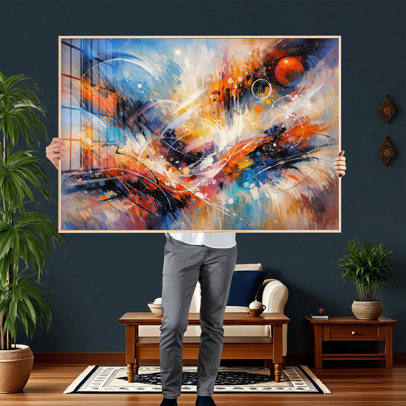 47770355-MGV-CV-36X24 - Geometric Abstract Wall Art Canvas Print, Orange Blue Abstract Expressionist Painting Print, Modern Geometric Abstract Canvas Art