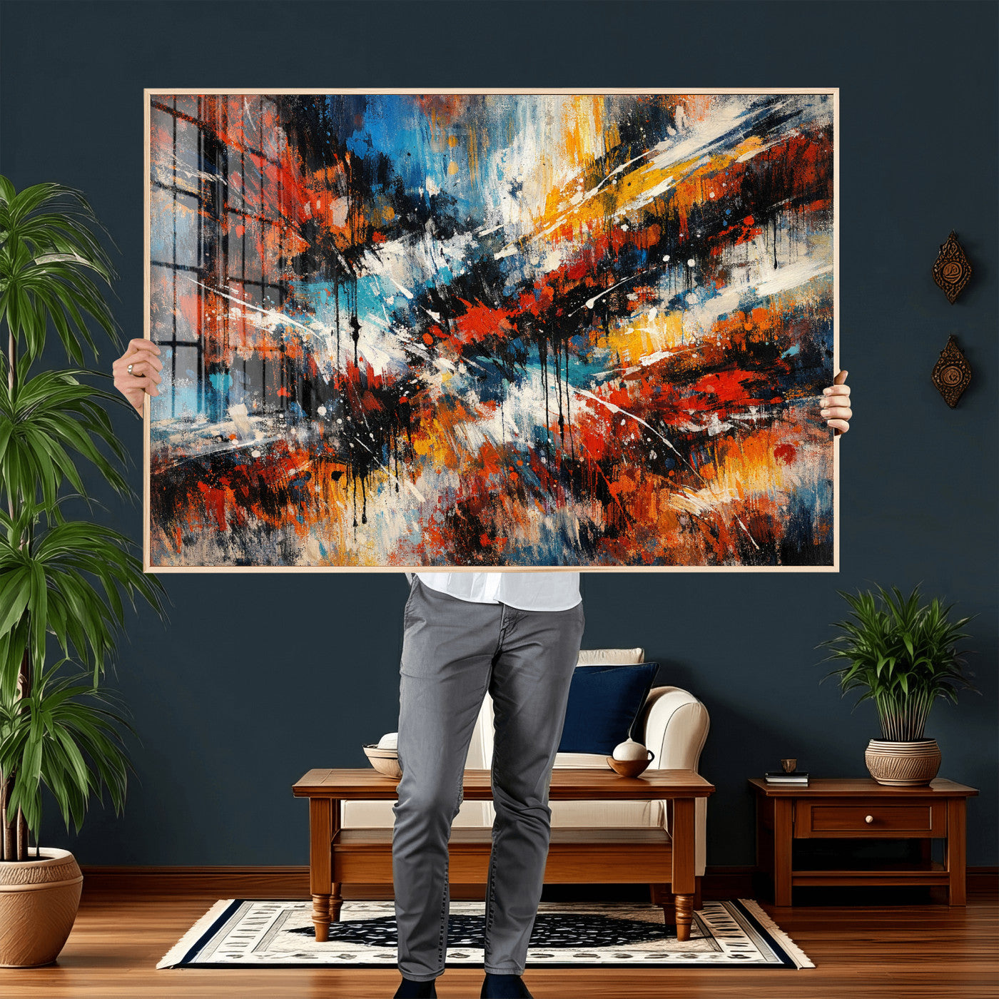 80276069-MGV-CV-36X24 - Geometric Abstract Wall Art Canvas Print, Orange Blue Abstract Expressionist Painting Print, Modern Geometric Abstract Canvas Art